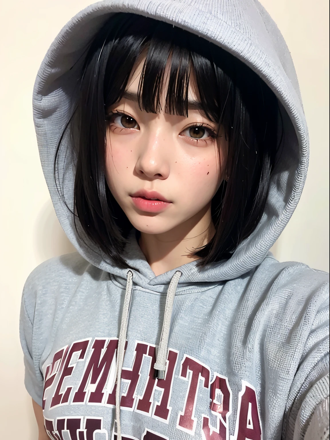 A close-up of a person wearing a hoodie and a sweater, chica de cabello negro con sudadera con capucha, Cabello negro Hime cortado, ulzzang, Chica con sudadera con capucha, Sui Ishida con cabello negro, Peinado blanco de corte hime, Ella tiene el pelo negro con flequillo, Chica de anime en la vida real, cruel korean goth girl, con el pelo corto, Chica coreana, con flequillo completo
