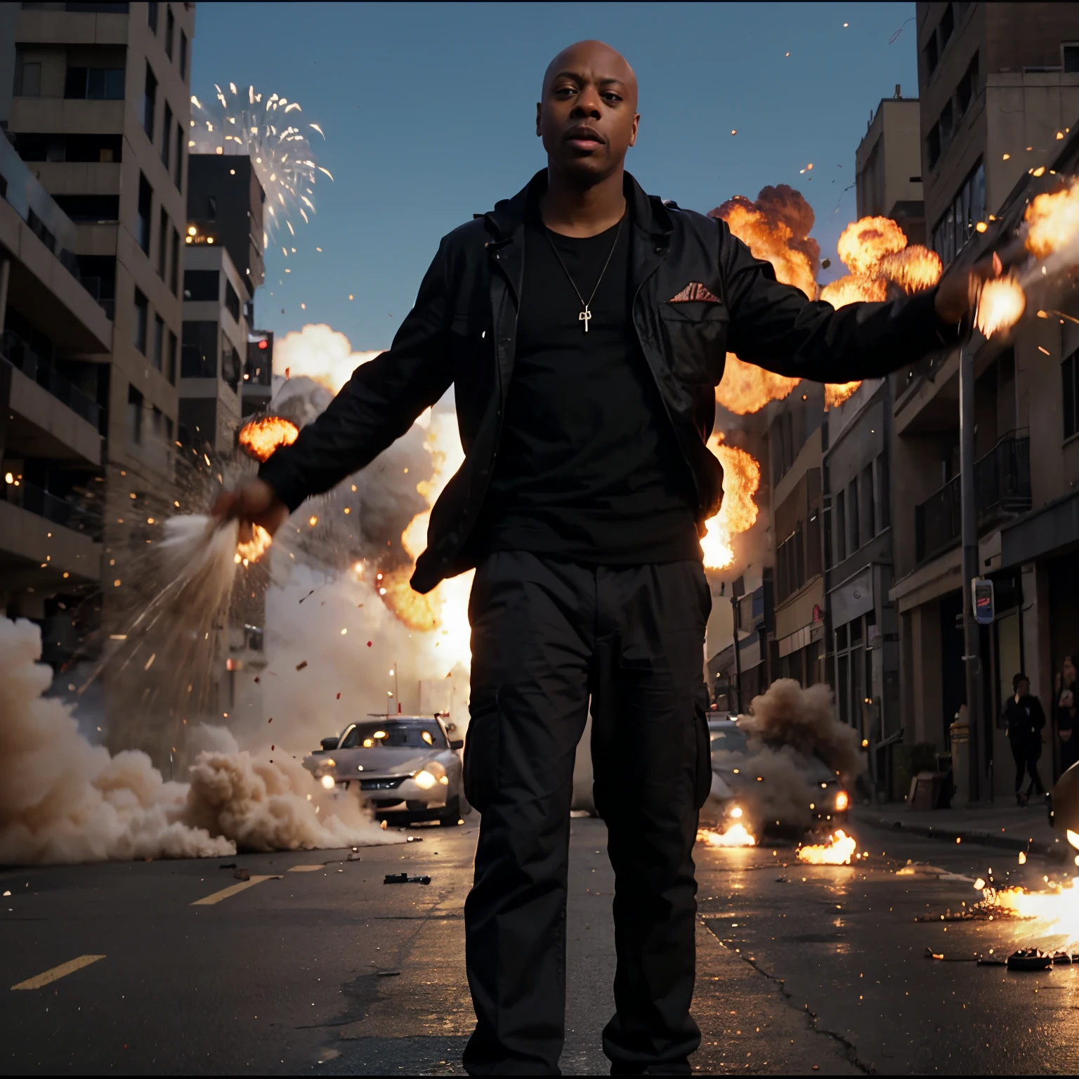 Make a montage of explosions, car chases and slapstick comedy with Dave chapelle and Seth Rogan