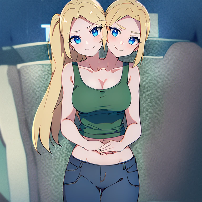 (highest quality, amazing details: 1.25), (2heads:1.5), 1girl, smiling, (black hair), (blonde hair), casual wear, blue eyes, green tank top, blue short pants, medium breasts, piercing gaze, strong and confident expressions