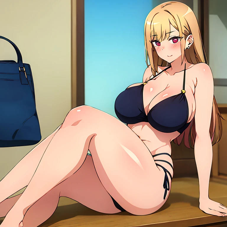 A girl sitting on beach, bikini, maximum breast exposure, big breasts, thin waist, voluptuous, thick thighs, thicc, sexy, gyaru