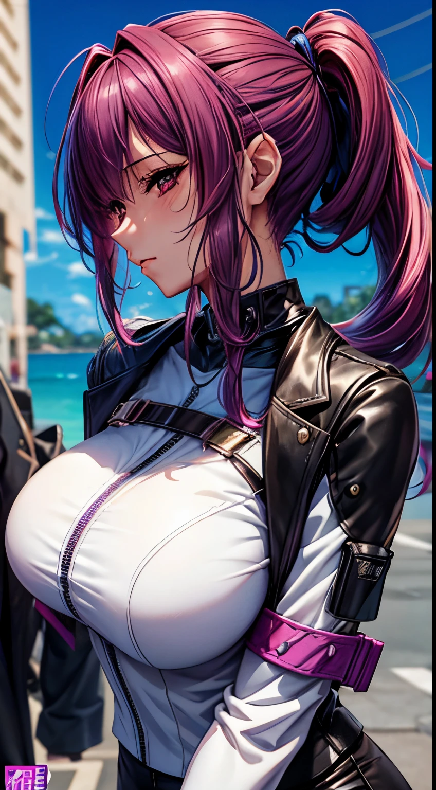 1人の女性，Thirty year old，mature，Raised sexy, tmasterpiece, Best quality, Thicker lines, Erection of nipples, Purple colored hair, Double ponytail hairstyle，Northern hemisphere breast exposure， lips, Place your hands behind your body，Ultra Max_mediuml breasts!! Have breast shape_Melons, cleavage view, Game cover art, tightsuit, Superskirt, An anime cover, realistic anime 3D style, animeaesthetic，white t-shirt，purple leather jacket