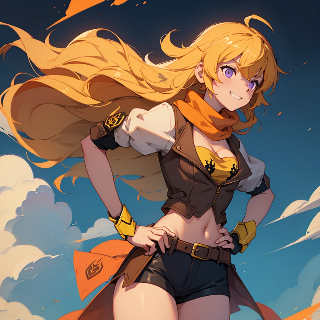 (masterpiece, best quality:1.2), cowboy shot, solo, 1girl, yang xiao long, grin, hand on hip, ahoge, purple eyes, brown jacket, yellow tube top, black shorts, black fingerless gloves, orange scarf, waist cape, midriff, cleavage, large breasts, country lane