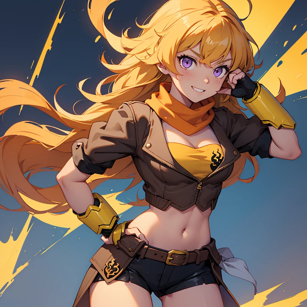 (masterpiece, best quality:1.2), cowboy shot, solo, 1girl, yang xiao long, grin, hand on hip, ahoge, purple eyes, brown jacket, yellow tube top, black shorts, black fingerless gloves, orange scarf, waist cape, midriff, cleavage, large breasts, country lane