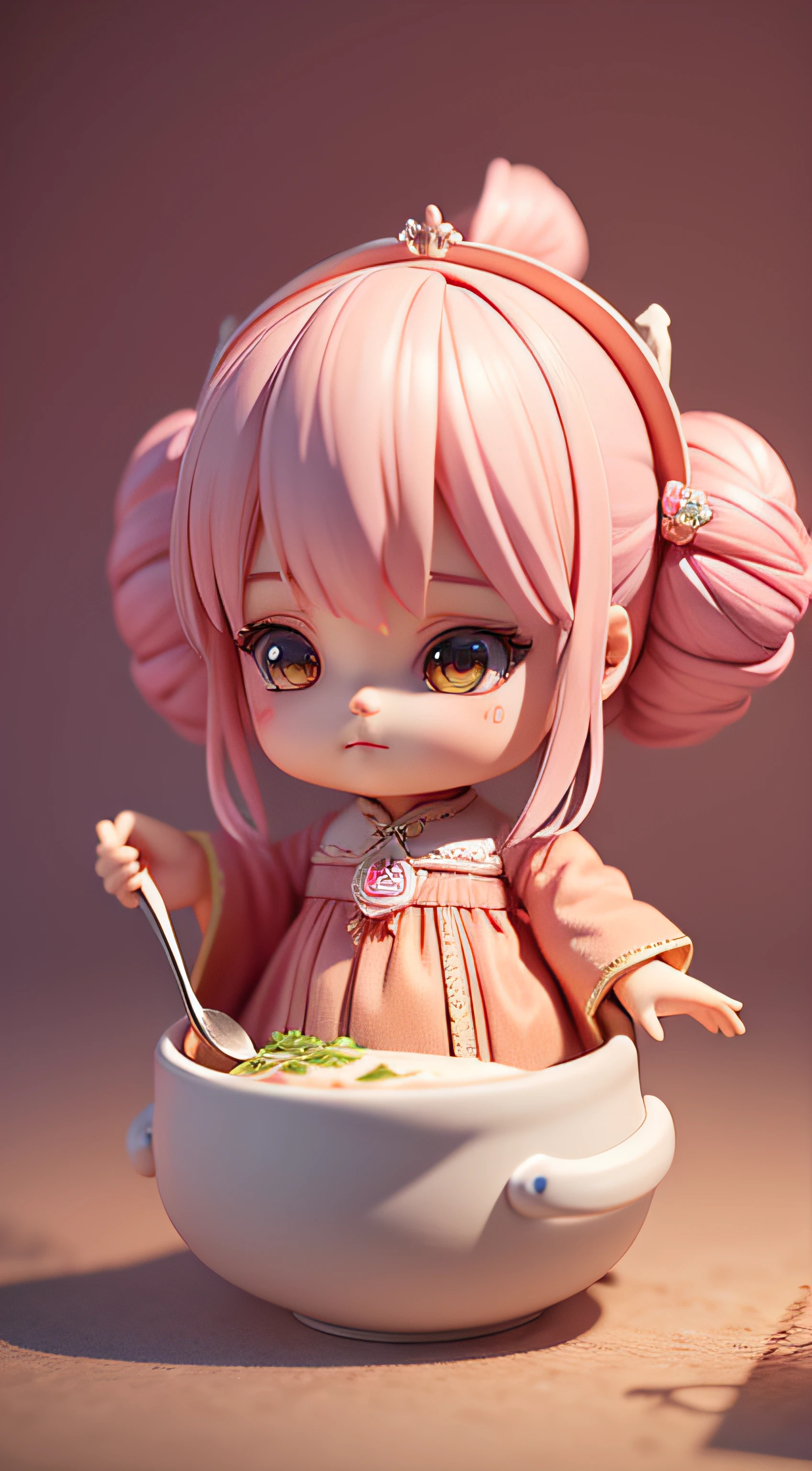 pink color clothes,One guy,Like the Queen, Juhe,Hold the spoon with your right hand,There a white cauldron in front of you,oda'There was a lot of food inside,exceedingly,Detailed rendering using 3D rendering technology,stylized expression of digital art。Render a cute 3D anime girl,stylized presentation,Adorable ceramic dolls and ultra-detailed fantasy characters appear simultaneously,Presented as a stylized 3D rendering。Cute images of forest creatures and digital art will also appear,The background depicts a kitchen scene。