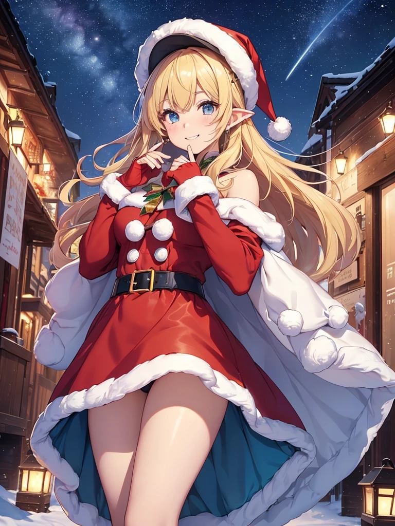 top-quality、Top image quality、masterpiece、Elf dressed as Santa Claus((24 year old、Best Bust、big bast、Bust 90,beautiful blue long ironed hair、a blond、A slender、a closeup、hiquality、Beautiful Art、Background with((starrysky)))masutepiece、visualart、depth of fields、、Elven ears、、light magic、、、Happy smile、Gentle light、、Beautiful legs that are gentle on the skin、welcome、、Number of fingers to achieve precise finger movements、gloves、ticker beautiful body、Mystical、Red Santa Claus clothes、Christmas、Christmas🎄🎅ルネサンスアート、Winters、snowflakes falling、European towns、Christmas present🎁