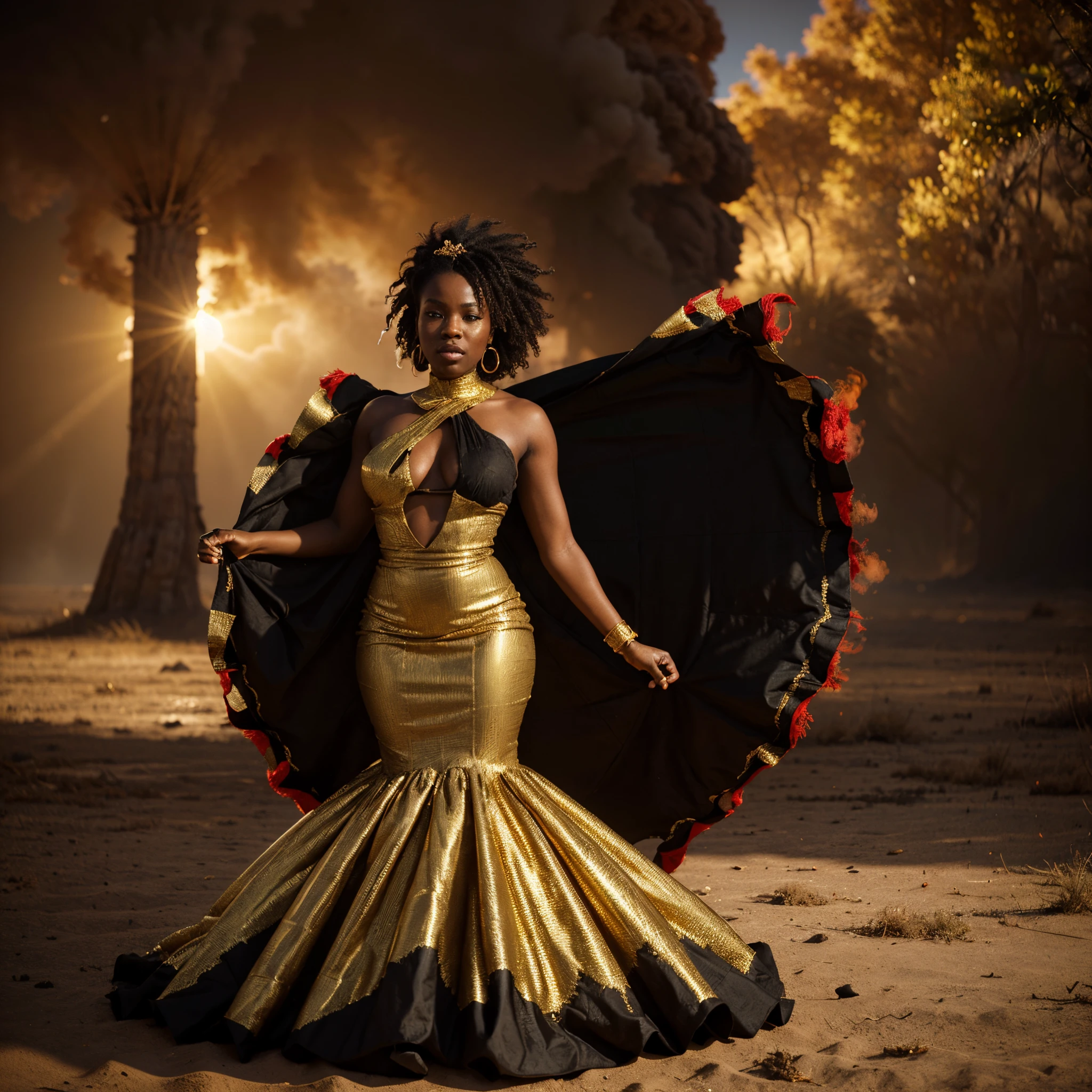 Wide angle shot of a beautiful african woman dressed in a black and gold African designed dress, with red smoke on the ground blowing with the wind, gold sun in the background providing a moody atmospheric cinematic lighting, hyper-realistic image, 32k, ultra HD, unreal engine rendered, cinematic lighting, artgerm style,
