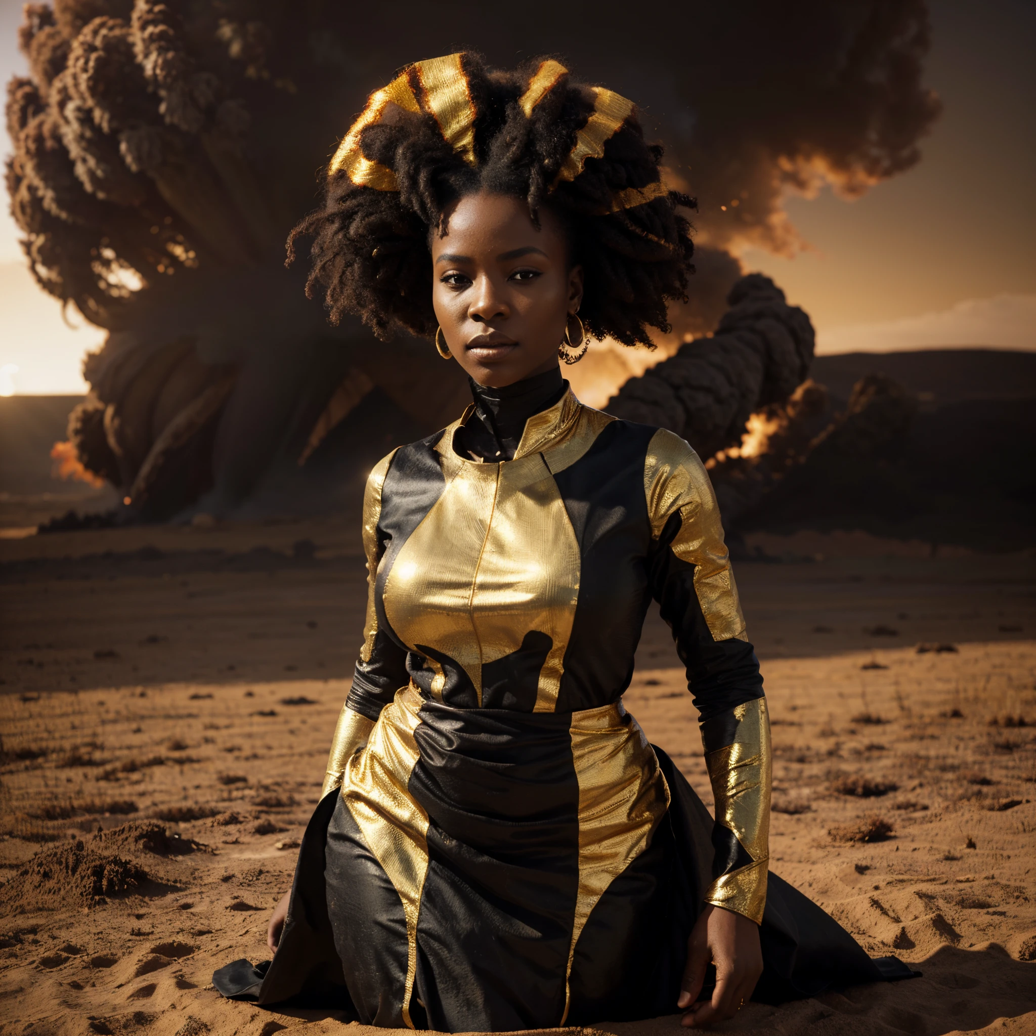 Wide angle shot of a beautiful african woman dressed in a black and gold African designed dress, with red smoke on the ground blowing with the wind, gold sun in the background providing a moody atmospheric cinematic lighting, hyper-realistic image, 32k, ultra HD, unreal engine rendered, cinematic lighting, artgerm style,