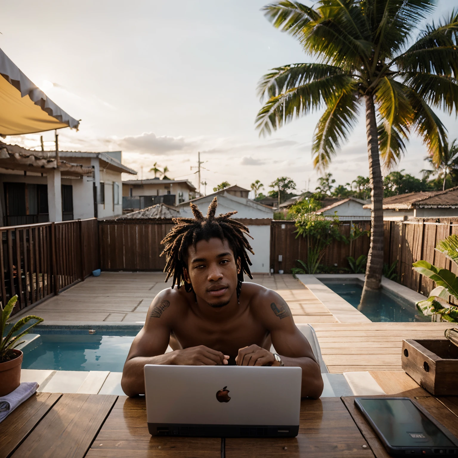Young Afro-Brazilian man wearing dreadlocks listening to music on headphones lying on the roof of his house in the Amazon