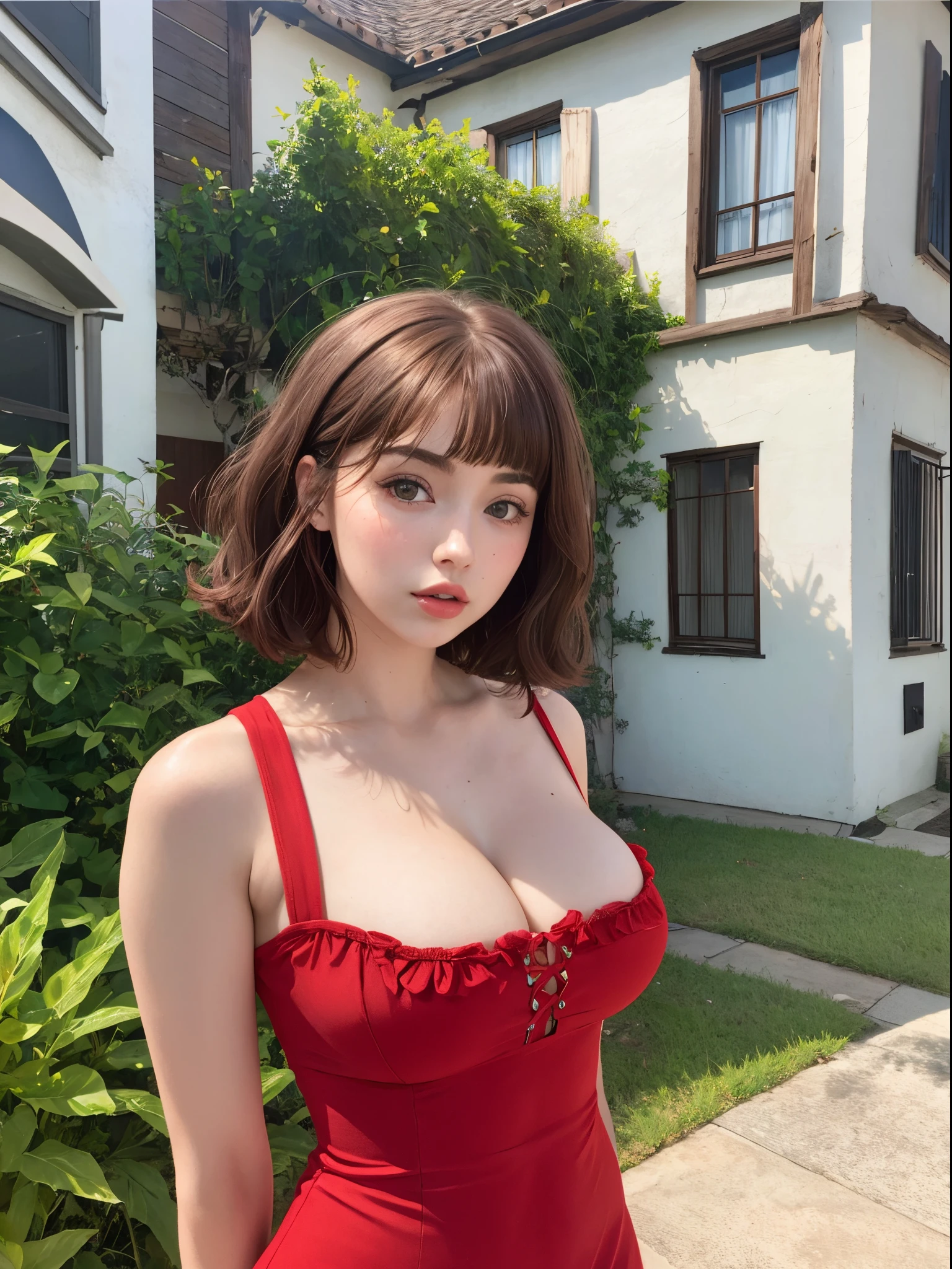 Mujer araffe con un vestido rojo posando para una foto frente a una casa., con pelo corto con flequillo, Retrato Sophie Mudd, Bob French, con flequillo, joven hermosa amouranth, Cabello limpio con flequillo, Charli XCX, sujetador rojo, en un vestido rojo, Modelo de Instagram, better known as amouranth, con flequillo completo, escote