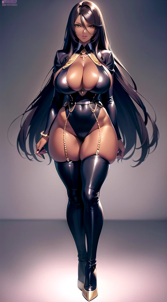 (full body, dark skin dark skinned mature female, gyaru / goth / bimbo), (huge chest, long legs, thick thighs, narrow waist, wide hips):1.4, thick lips lipstick, long dark hair, thin toned body, beautiful detailed face, detailed body, detailed eyes, office lady, boss lady