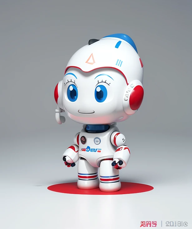 Character of white astronaut wearing red and blue helmet, Cute humanoid robot, Cute robot, friendly humanoid robot, friendly humanoid cyber robot, the most advanced humanoid robot, Cute characters, Little astronaut, Side view future programmer, full body mascot, portrait of an ai astronaut, white robot, Cute and friendly robot, Beautiful robot character design