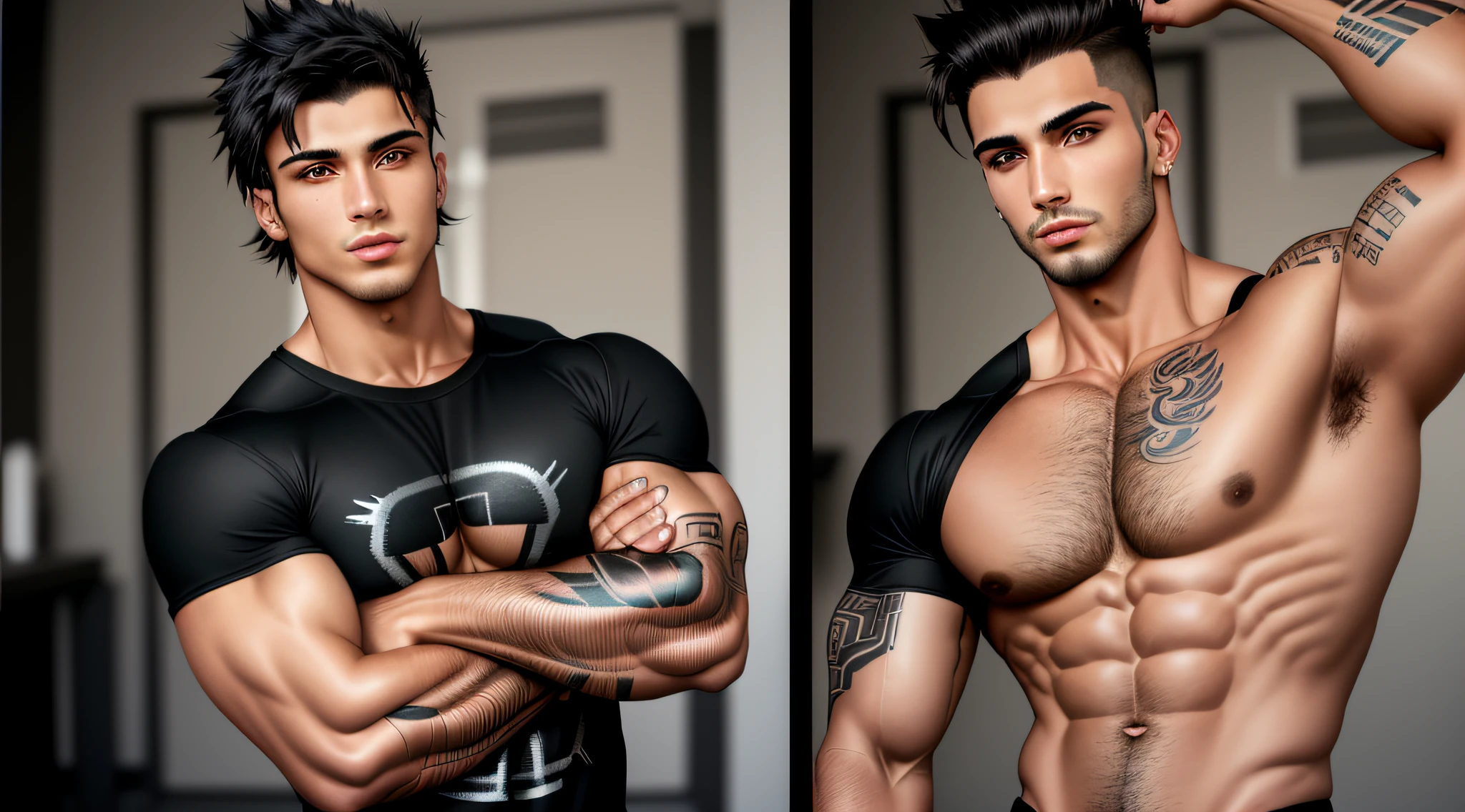 Man with a tattoo on his arm and a black shirt, Zyzz, caio santos, damian kryzwonos, strong masculine features, Raphael Personnaz, sebastian luca, Sidney Lugo, Fisiculturista Ernest Khalimov, modelo masculino, Condutor de Ene, com tatuagens, Nick Silva, he is wearing a black t-shirt