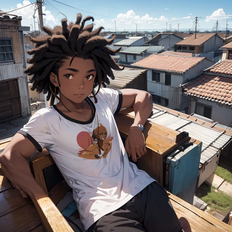 Young Afro-Brazilian man wearing dreadlocks listening to music on headphones, lying on the roof of his house in the Amazon