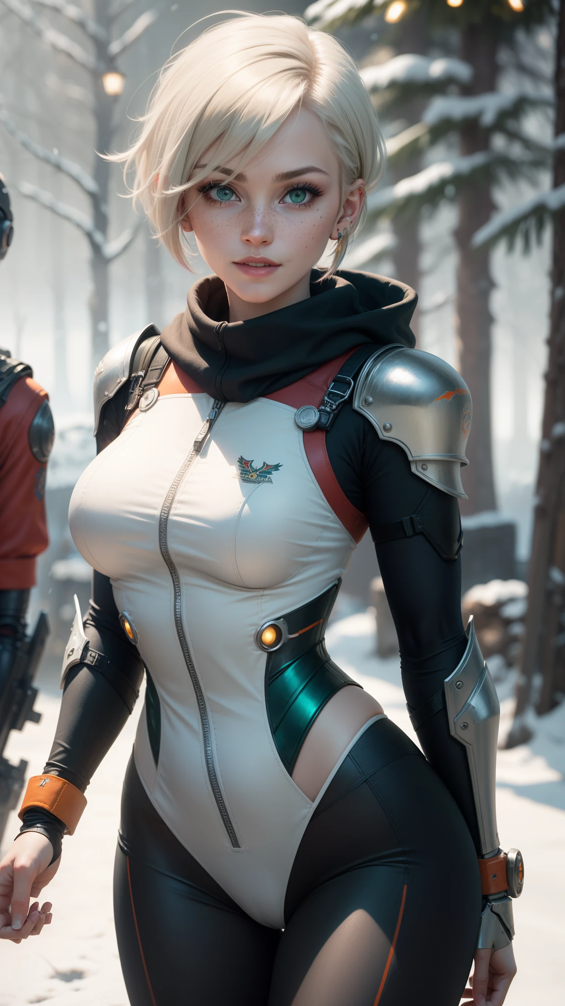 gwen tennyson,yorha 2b,tracer,rebecca chambers,overwatch,atelier ryza,close up,christmas forest,tattoos,orange plugsuit,short sleeve pilot leotard,short sleeve cyborg pilot jacket,orange sport leggings,mech pilot leather corset,short hair,punk makeup,green eyes,multicolored silver hair,sexy smile,freckles,beautiful girl,large breasts,8k,ultra detailed,realistic,fantasy art,steel armor,cyborg armor,silver armor,eva pilot uniform,pilot scarf,pilot hair pin,ear piercings,christmas tree, military hand and neck jewelry,walking,(weather:snowing),close up,