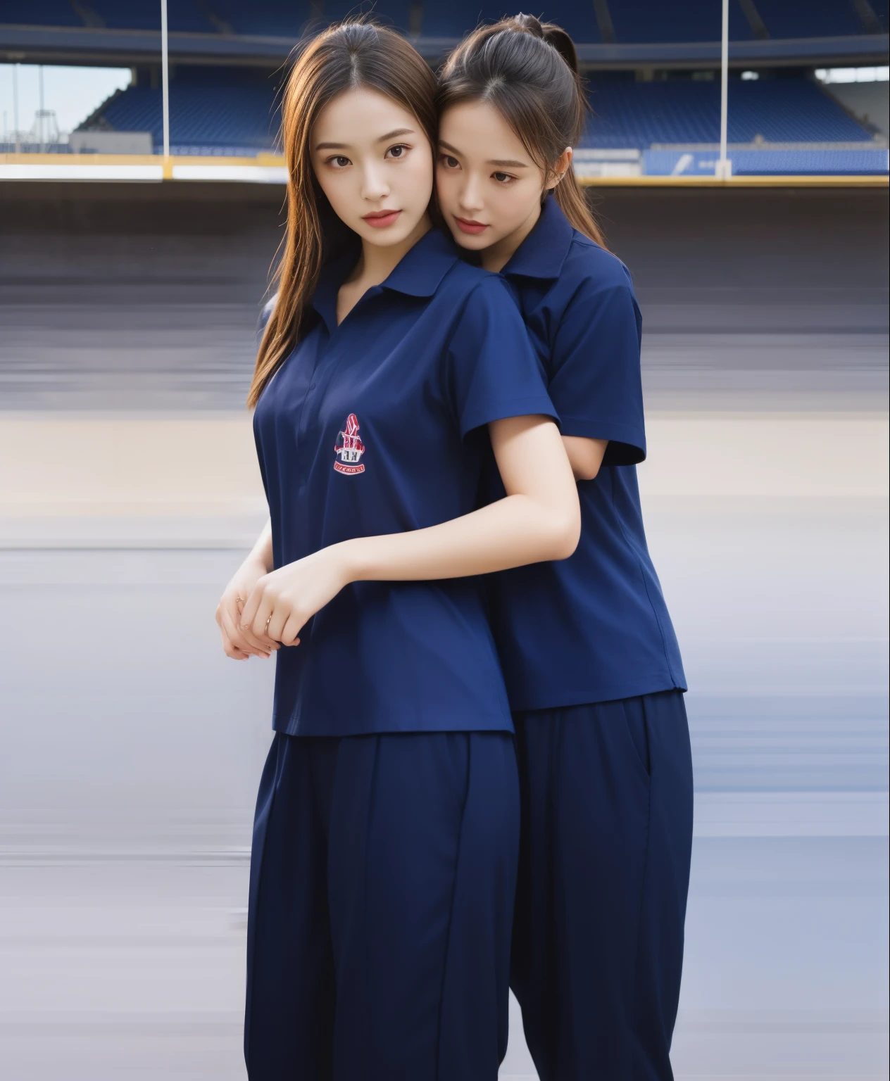 (bestquality,10,10,highres,masterpiece:1.2),ultra-detail,(Realistic,photorealistic portrait,photo-realistic:1.37),1 Cute girl in the football field,oily shiny skin,bara,light smile,BDclothelue shirt:1.3)),short sleeves,shirt, trousers.,(navy_long_Pants Track:1.1), ((Stadium Background:1.3)),dynamic angle,excited,face focus,Dynamic Poses,from behide,Ass Focus,masterpiece, bestquality, ultra realistic, hyper-detail, 8k resolution, RAW photo, crisp focus, ((Navy blue shirt:1.1)), short sleeves, Long Path, Perfect body, 2 mature women, 18yo, cinematic light,Blue sweatpants,Gymware,Correct anatomy,Complete body, Correct body, sharp face, Anatomically correct body, full entire body, Realistic gestures, long-haired, Realistic poses,Wear long shorts............................,Long leg span,Shapely,Sculpting Girl, Slender Figure, mannequin mannequins, Shapely, Beautiful body,Blue sweatpants, Two girls kissing