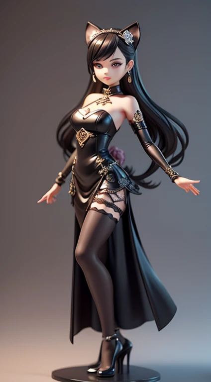 Dressed in black,One guy,Like the Queen,Characters in Catwoman Diva,femele,exceedingly,Detailed rendering using 3D rendering technology,stylized expression of digital art。Render a cute 3D anime girl,stylized presentation,Adorable ceramic dolls and ultra-detailed fantasy characters appear simultaneously,Presented as a stylized 3D rendering。Cute images of forest creatures and digital art will also appear,The background depicts the atmosphere of April。