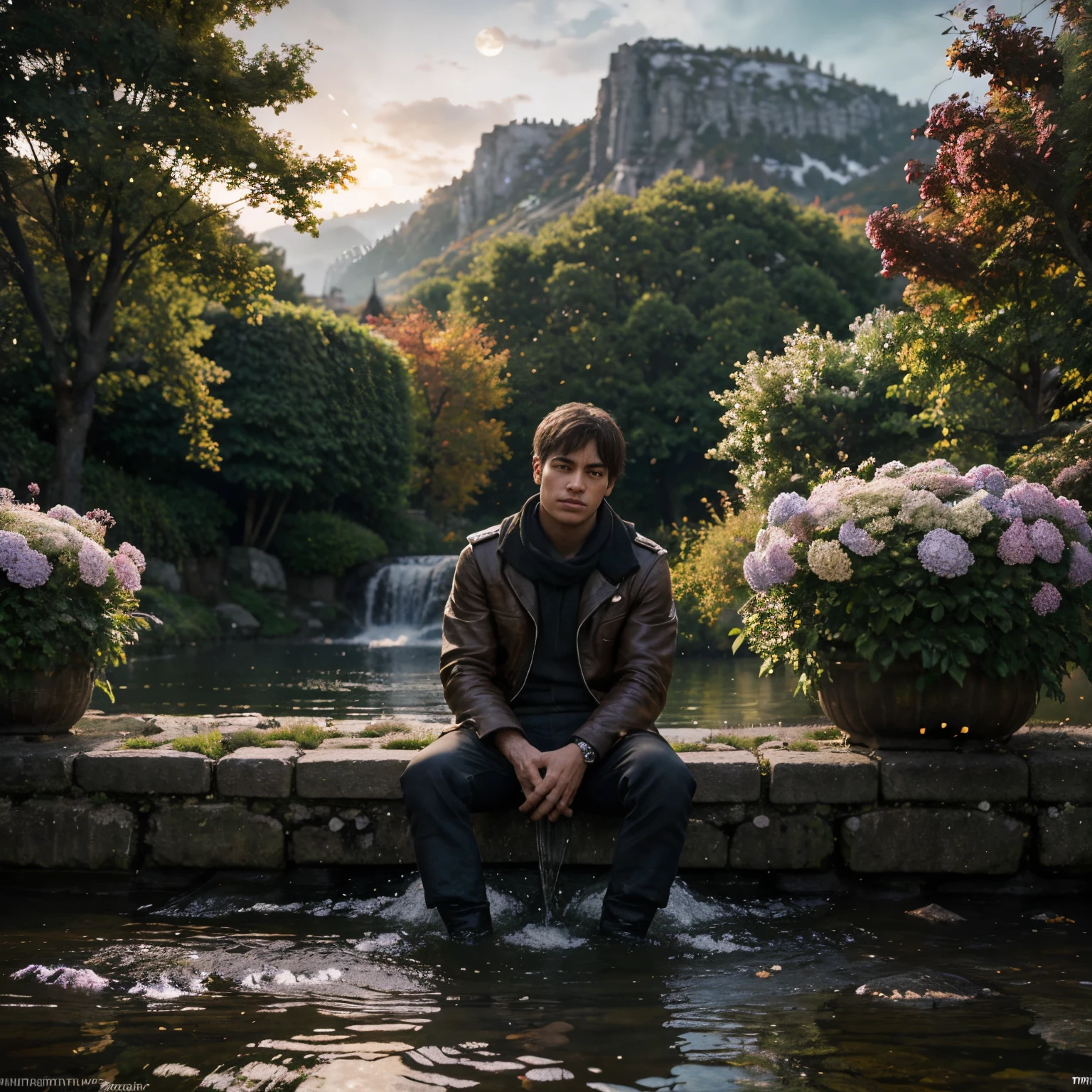 A alone boy sitting near by river masterpiece, best quality, high quality, extremely detailed CG 8k wallpaper unit, scenery, outdoor, establishment, medieval tavern, autumn sky, autumn dusk, autumn-winter, overcast sky, big moon shining, award-winning photography, Depth of Field, HDR, flowers, water fountain, hydrangea, Photorealistic, extremely detailed, intricate, high detail, dramatic, art in the middle of the journey,  trend in artstation, trend in CGsociety, chromatic aberration.