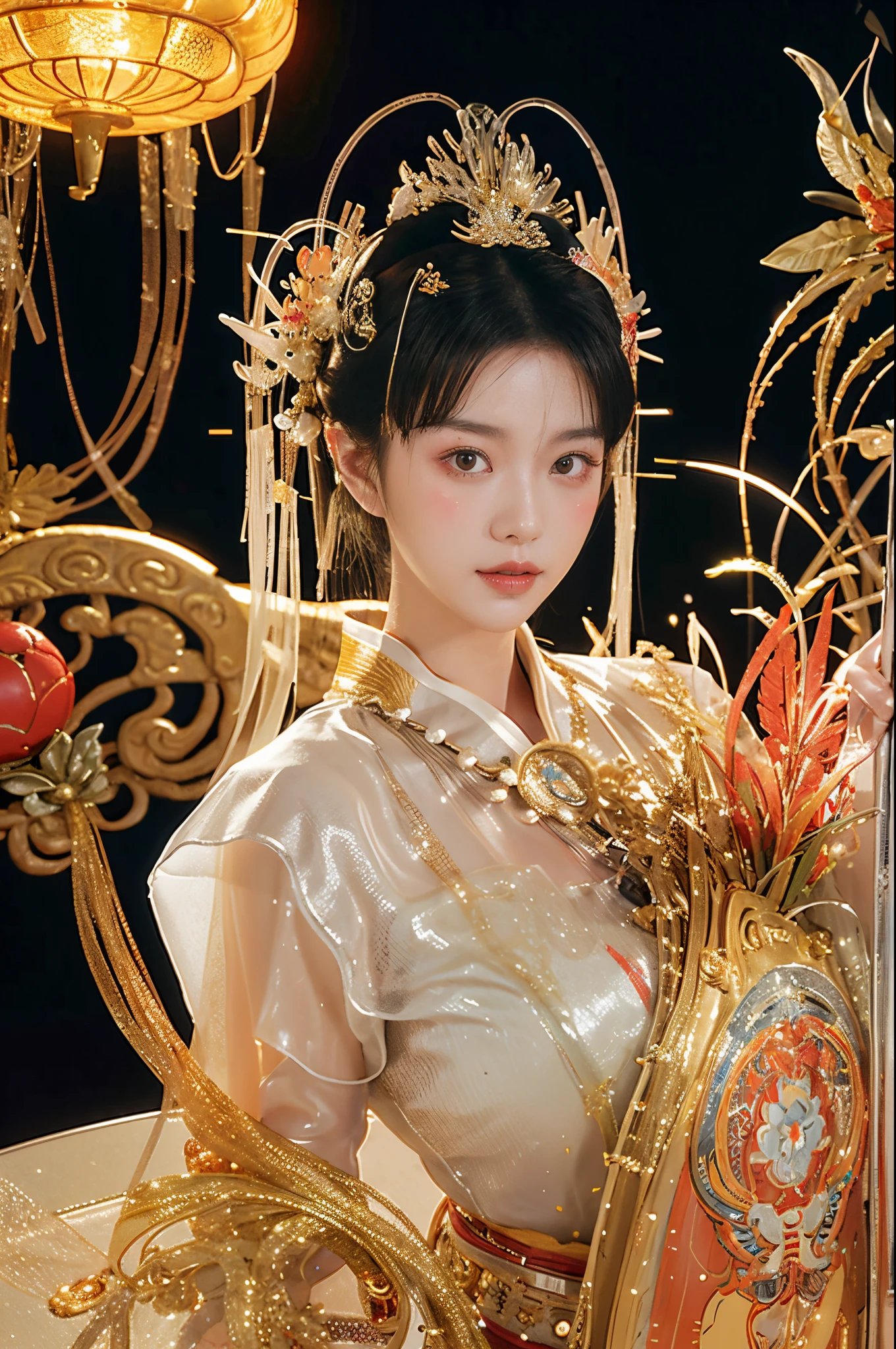 Photos of Japanese female robots in their twenties，She wears shiny white and silver translucent glass and plastic, geisha makeup and hairstyle, silver metallic interior, dynamicposes, flowing organic structure, Glowing gold circuit, Colorful neon lights decoration, glowing circuitry, neon trim, Depth of field focus f/2.8, H&#39;artistically.r. Giger, Greg Rutowski