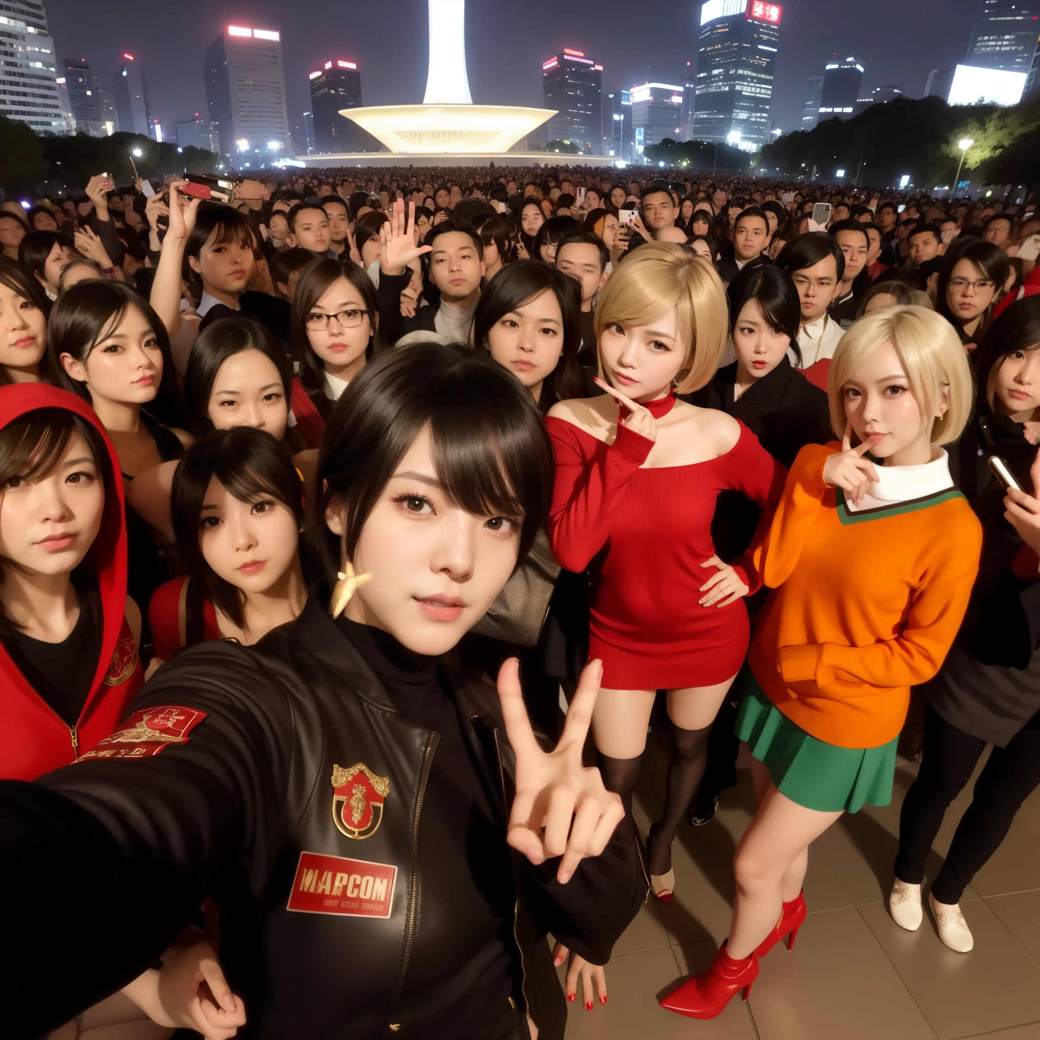 Ada wong, standing gracefully, selfie style, stylish hand, mini red dress sweater, long heels, little smile