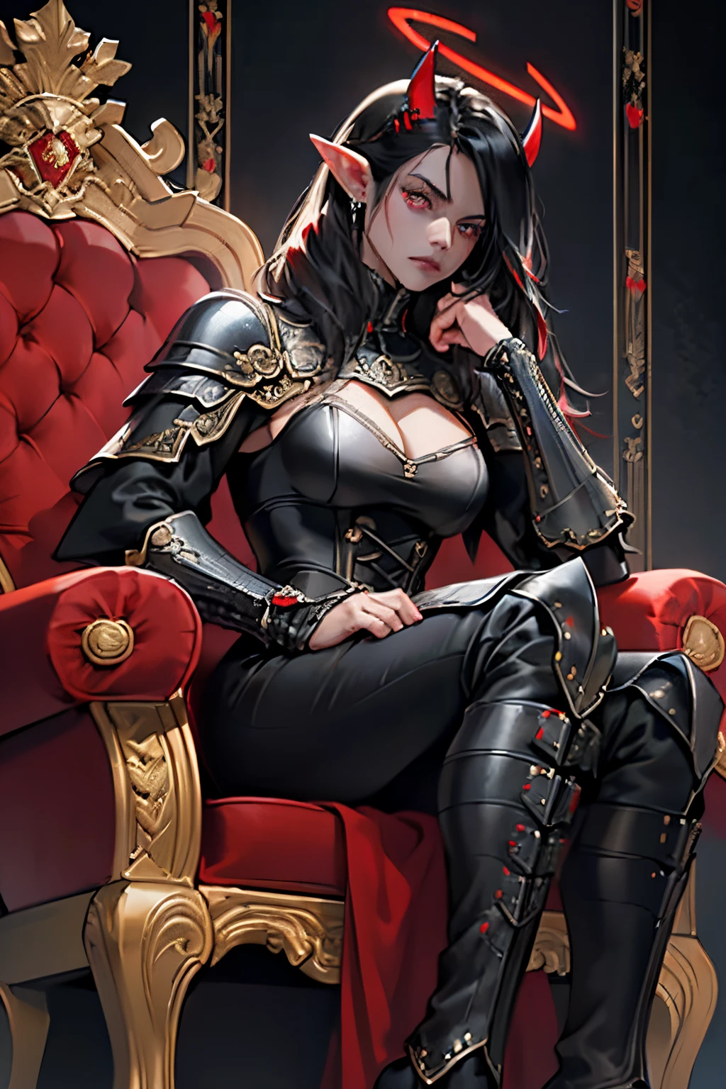 create a diabolic and sexy girl sitting on her throne. Her clothes has to be in leather. The throne has to have skulls. The background has to be clear.