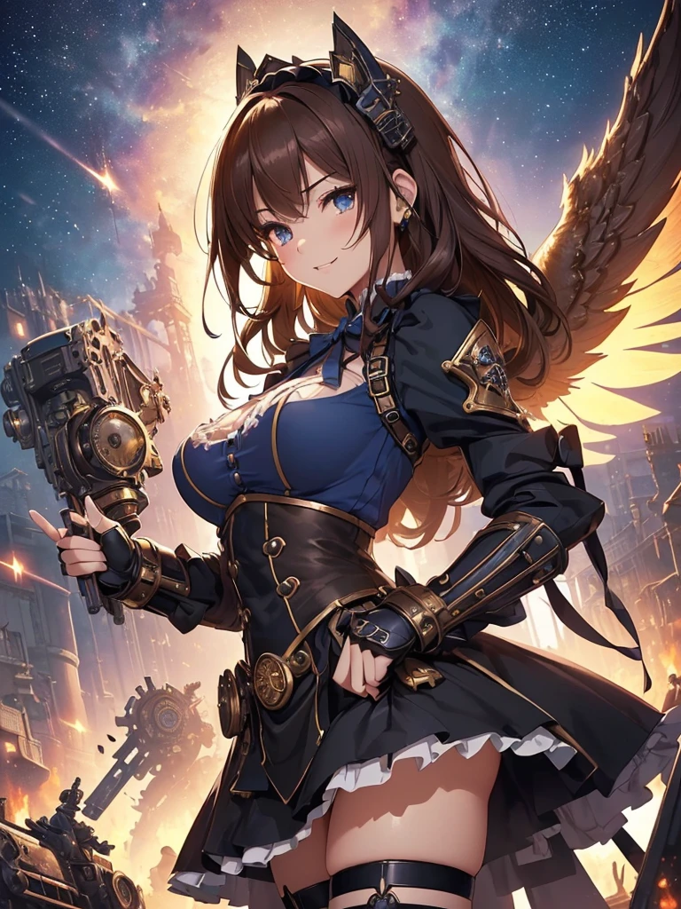 top-quality、Top image quality、masterpiece、Angle seen from the side、Beautiful Gothic girl((20yr old、Best Bust、big bast、Bust 90,long hair with beautiful blue eyebrows、A slender、a closeup、Hold a steampunk cannon、steampunk armor、Flying in the sky、glowing sword in hand、fly on big mechanical wings、cool jump、fight、Esbian、Gothic Maid costume、beautiful apron、hiquality、Beautiful Art、Background with((starrysky)))masutepiece、visualart、depth of fields、、、🎵、Happy smile、Gentle light、、Beautiful legs that are gentle on the skin、、Number of fingers to achieve precise finger movements、nffsw、nffsw、Lots of gears、、Artistically、、action scene、huge robot、Great angle、steampunk fantasy、Kime Pose!Lively atmosphere、Brown hair、Bob Hair、her clothes are torn and sexy、special move pose