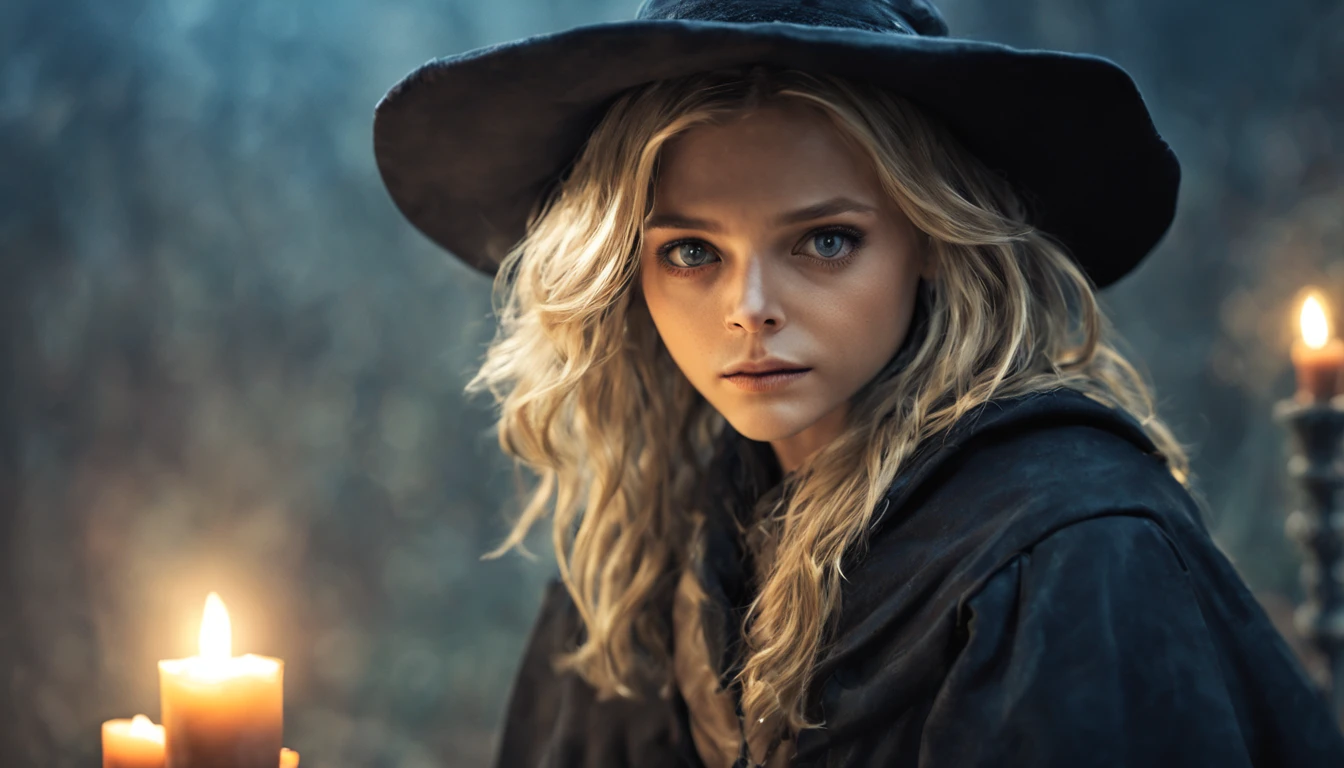 arte conceitual de personagem premiado de, "Michelle Pfeiffer ",a cute magical witch, olhos azuis, cabelo loiro, Blurry_Background Story, witch hat, Nemural lighting, labia, Olhando_em_visualizador, sozinho, lemeralmente, personagem 8k altamente detalhado, (Background of magic and mystery, luzes de vaga-lume, glittering particles, ethereal mist and a shadow of darkness), high semurance. remo studio lighting concept by Annie Leibovitz and Steve McCurry octane rendering trend in art station done in Maya 4K high quality digital painting dramatic lighting,