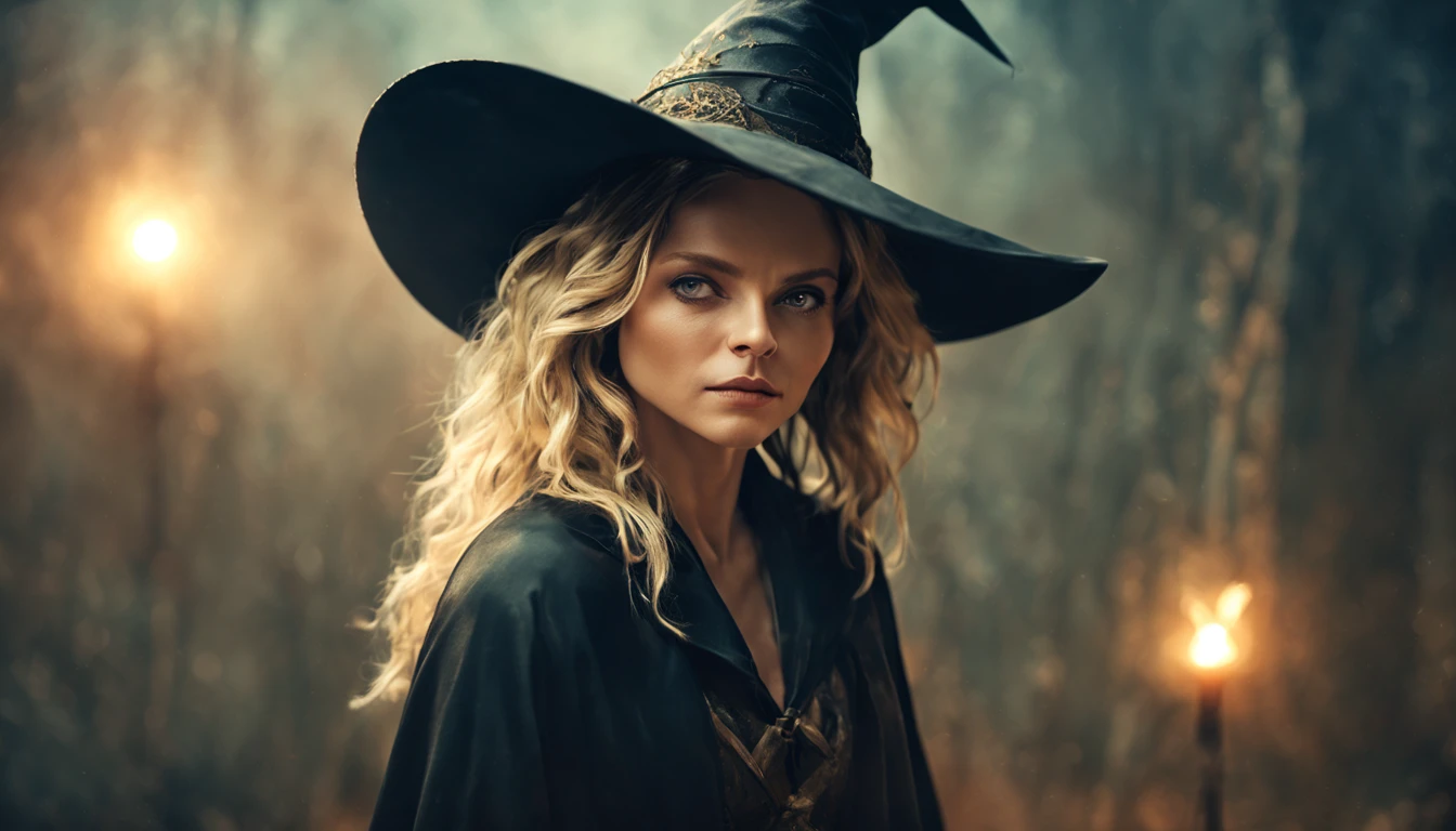 arte conceitual de personagem premiado de, "Michelle Pfeiffer ",a cute magical witch, olhos azuis, cabelo loiro, Blurry_Background Story, witch hat, Nemural lighting, labia, Olhando_em_visualizador, sozinho, lemeralmente, personagem 8k altamente detalhado, (Background of magic and mystery, luzes de vaga-lume, glittering particles, ethereal mist and a shadow of darkness), high semurance. remo studio lighting concept by Annie Leibovitz and Steve McCurry octane rendering trend in art station done in Maya 4K high quality digital painting dramatic lighting,