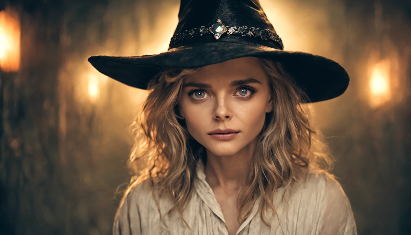 arte conceitual de personagem premiado de, "Michelle Pfeiffer ",a cute magical witch, olhos azuis, cabelo loiro, Blurry_Background Story, witch hat, Nemural lighting, labia, Olhando_em_visualizador, sozinho, lemeralmente, personagem 8k altamente detalhado, (Background of magic and mystery, luzes de vaga-lume, glittering particles, ethereal mist and a shadow of darkness), high semurance. remo studio lighting concept by Annie Leibovitz and Steve McCurry octane rendering trend in art station done in Maya 4K high quality digital painting dramatic lighting,