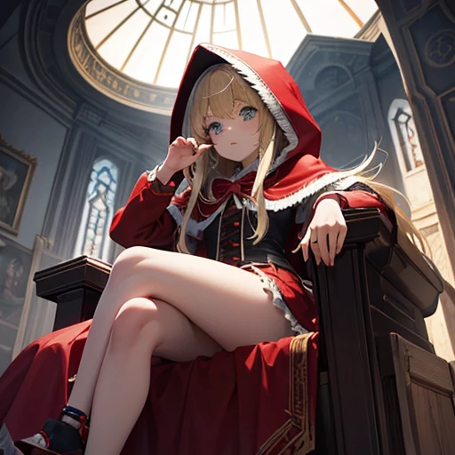 Best Quality、Little Red Riding Hood、girl wearing a red hood、12year old、cruelty、Green eyes、a blond、de pele branca、mocking look、Composition looking up from below、majestic palace background、the emperor、Cheek cane、Sitting on a throne、vhorrified、Bewitching、Diabolical、Sharp eyes、Cool、curlyhair、The long-haired、The hood completely covers your head、hood over the shoulders、dignified expression、spirit of emperor、Screaming、frightening look、Women's men、loki、a cunning witch