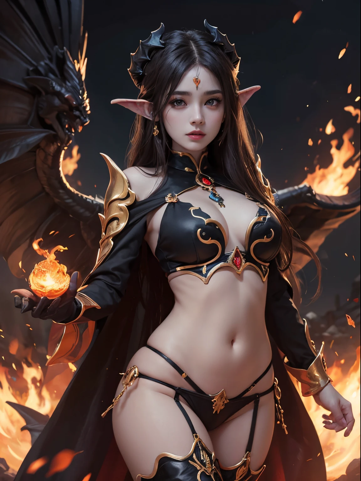 Obra maestra, la mejor calidad, full HD, 8k, Chica demonio, con cuernos y bolas de fuego, very sexy and super beautiful clothes the best work of art