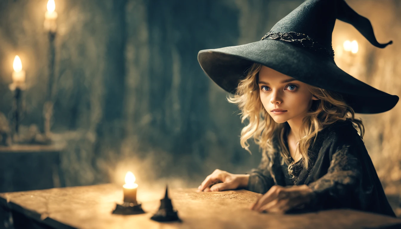 arte conceitual de personagem premiado de, "Michelle Pfeiffer ",a cute magical witch, olhos azuis, cabelo loiro, Blurry_Background Story, witch hat, Nemural lighting, labia, Olhando_em_visualizador, sozinho, lemeralmente, personagem 8k altamente detalhado, (Background of magic and mystery, luzes de vaga-lume, glittering particles, ethereal mist and a shadow of darkness), high semurance. remo studio lighting concept by Annie Leibovitz and Steve McCurry octane rendering trend in art station done in Maya 4K high quality digital painting dramatic lighting,