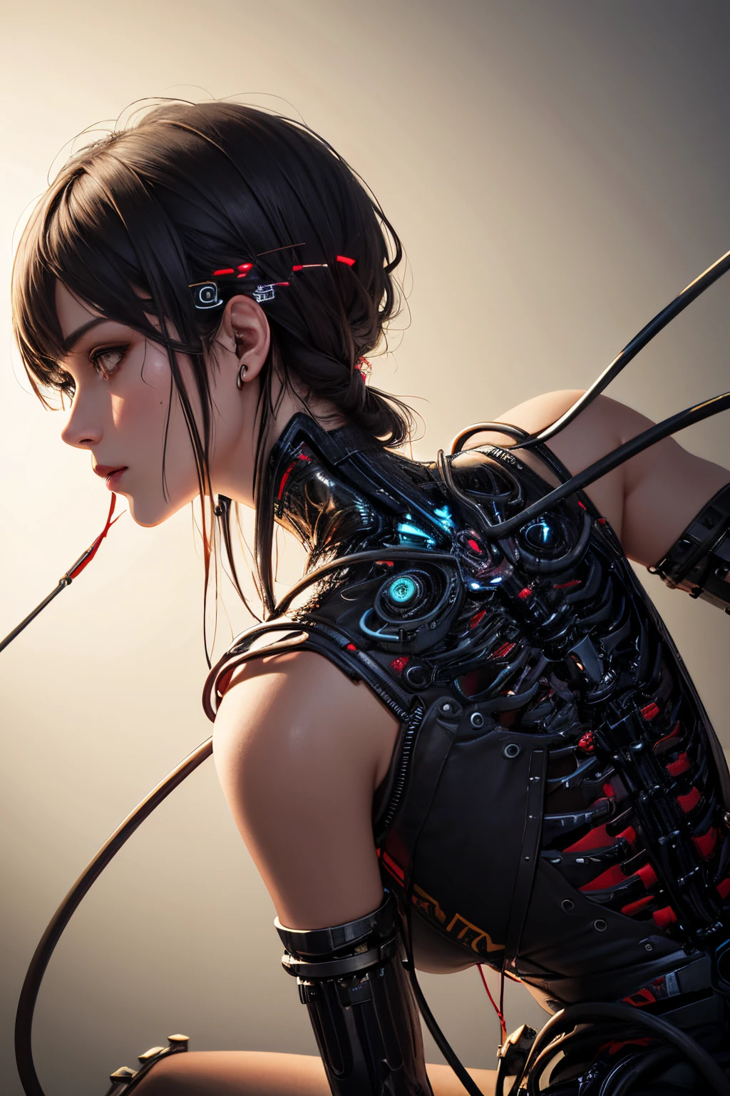 1mechanical girl,((ultra realistic details)), portrait, global illumination, shadows, octane render, 8k, ultra sharp,metal,intricate, ornaments detailed, cold colors, egypician detail, highly intricate details, realistic light, trending on cgsociety, glowing eyes, facing camera, neon details, machanical limbs,blood vessels connected to tubes,mechanical vertebra attaching to back,mechanical cervial attaching to neck,sitting,wires and cables connecting to head