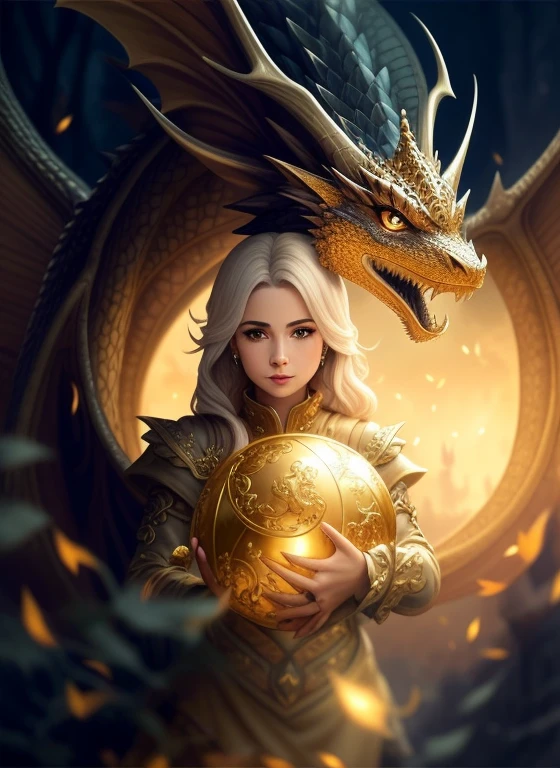 a woman holding a golden ball with a dragon on it, fantasia realista intrincada, amazing fantasy art, arte de fantasia realista, Arte de fantasia hiperrealista, realistic fantasy illustration, Capa de livro de fantasia, arte fantasia behance, arte de fantasia detalhada, fantasy illustrations, arte digital de fantasia detalhada, arte de fantasia digital em alta, arte de fantasia altamente detalhada, detailed fantasy illustration, Arte de Fantasia, dragon girl