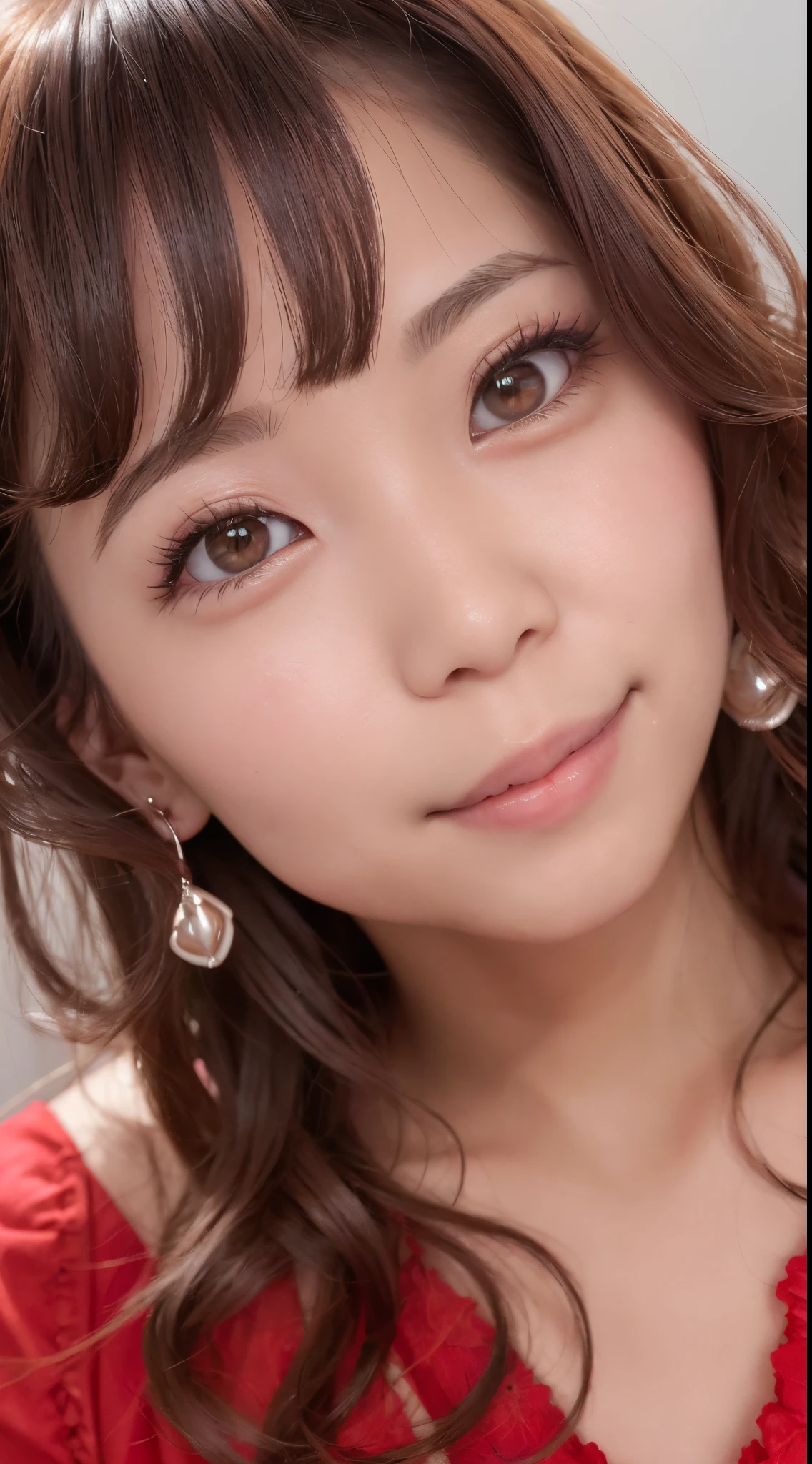 A cute woman in a red dress was taking a photo., 奈良美智, chiho, 8K selfie photo, Shiori Teshirogi, narumi kakinouchi, Chiho Ashima, 🚿🗝📝, deayami kojima, harumi, mayuri shiina,Duck mouth,A smile,Red Eye Shadow,Medium length hair,Curled ends of hair,skin becomes clearer,Large earrings,A little flashy makeup,natural make up,The best smile,