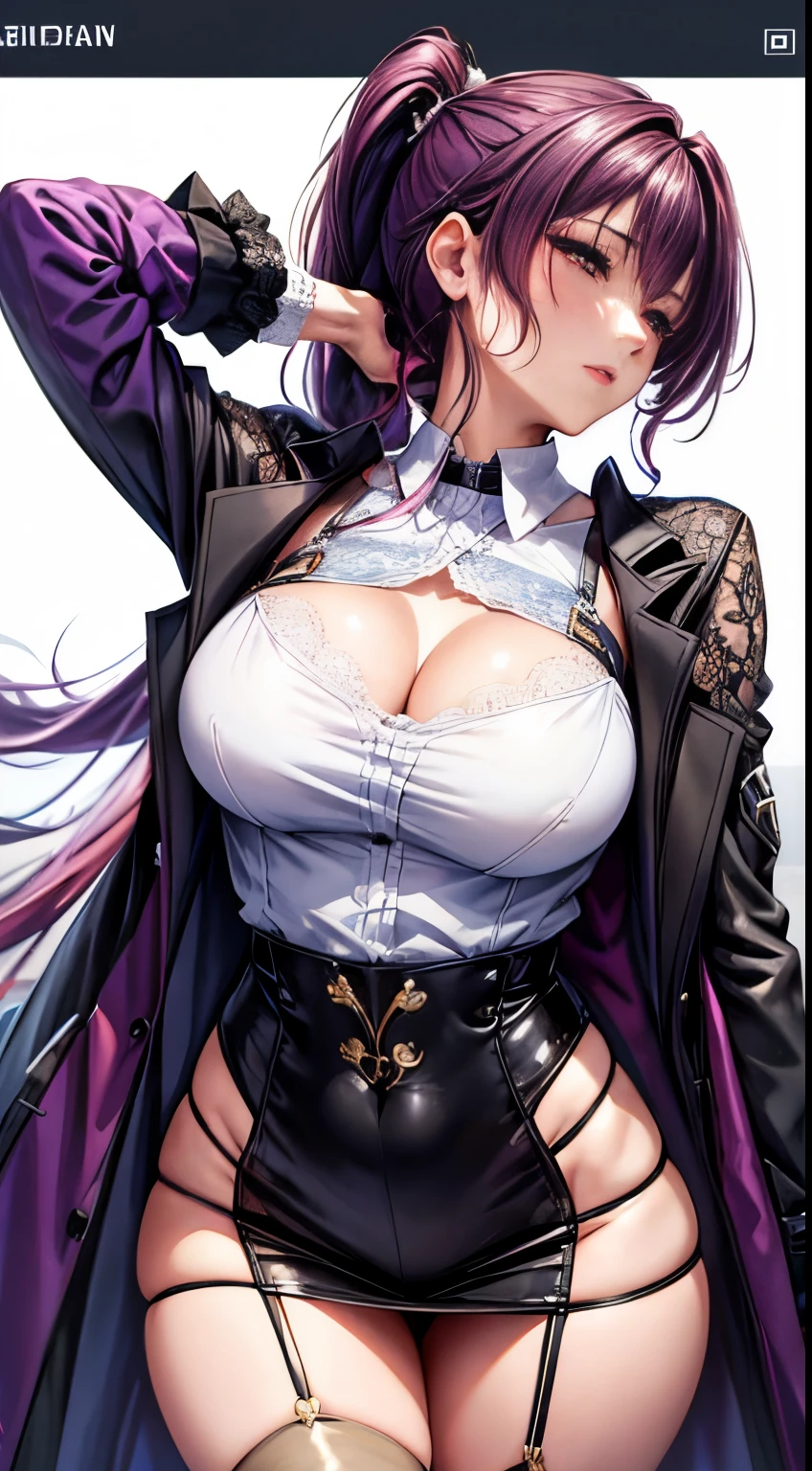 1人の女性,Thirty year old,mature,Raised sexy, tmasterpiece, Best quality, Thicker lines, Erection of nipples, Purple colored hair, Double ponytail hairstyle,Northern hemisphere breast exposure, lips, Place your hands behind your body,Ultra Max_mediuml breasts!! Have breast shape_Melons, cleavage view, tightsuit, Superskirt, animeaesthetic,maid clothes,lace decoration
