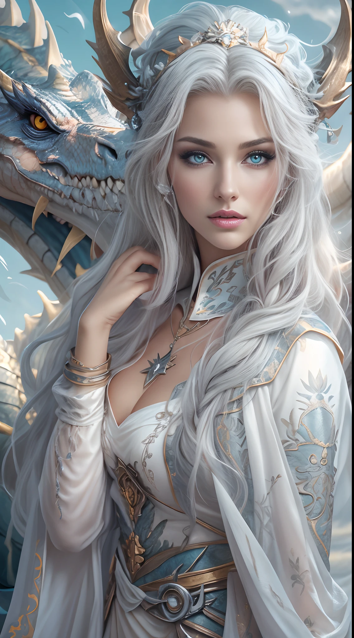 Motor irreal:1.4,UHD,melhor qualidade:1.4, fotorrealista:1.4, textura da pele:1.4, obra prima:1.8,Queen of the White Dragon, Mulher jovem e madura, Orelhas longas de elfos, Vestido elegante, peito grande, curva, dragon ling vawy hair, Cabelos Super Longos, Features of the soft face, White dragon horns on his head, Mulher majestosa, Silver decoration om your dress, Rainha da Estrela de Prata,grandes olhos azuis, cherry lips, White dragons, starly sky