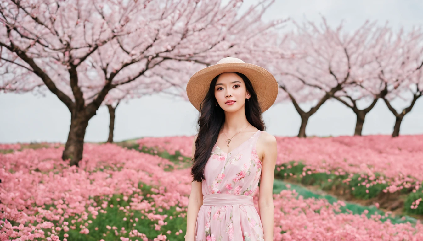 There is a beautiful Chinese woman standing in a cherry blossom field with a sun hat and wearing a pink halter dress, longos cabelos castanhos ondulados, wearing sunglasses, alto e magro, Beautiful, sorriso sutil, Standing in the cherry blossom field, standing in a flower field, Woman standing in cherry tree field, girl standing in a flower field, standing in a field with flowers, menina em um campo de flores, com Campos de flores em primeiro plano, em um campo de flores, Campos de flores, girl standing in flower field