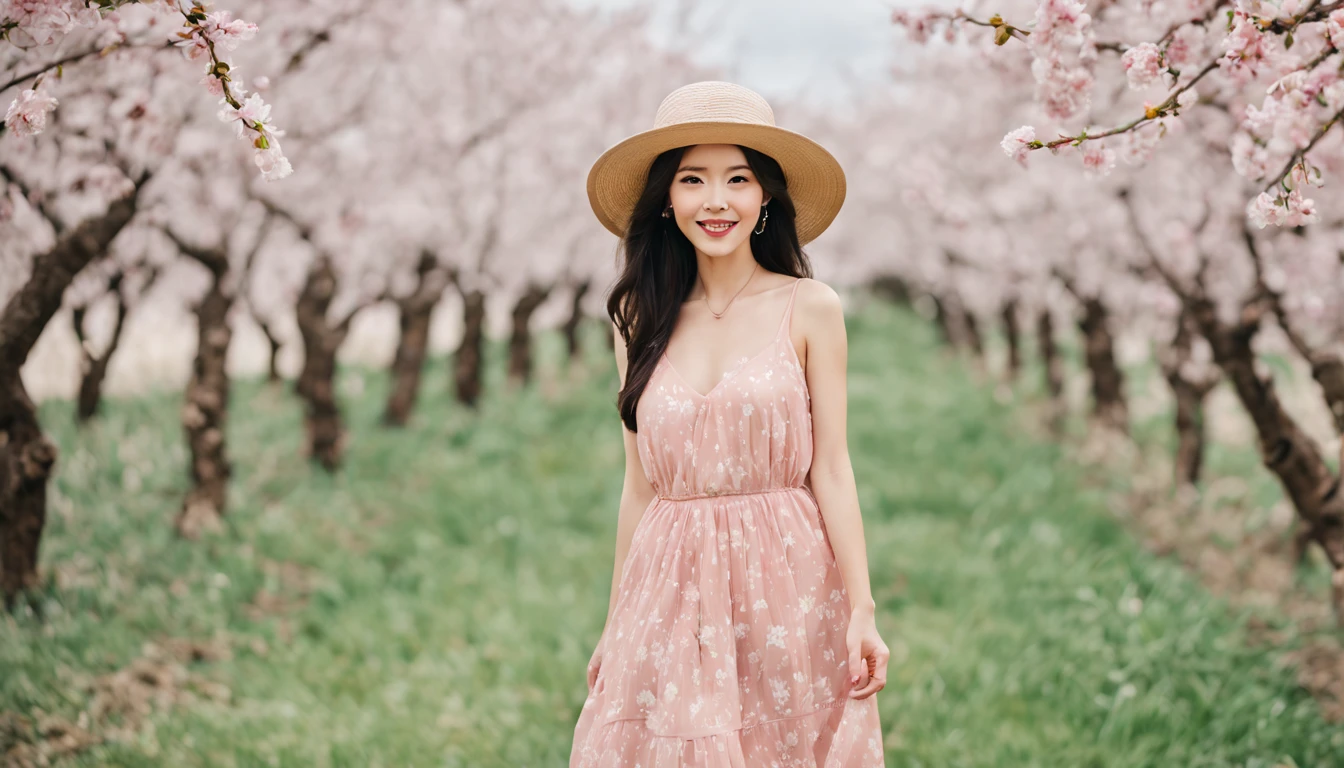 There is a beautiful Chinese woman standing in a cherry blossom field with a sun hat and wearing a pink halter dress, longos cabelos castanhos ondulados, wearing sunglasses, alto e magro, Beautiful, sorriso sutil, Standing in the cherry blossom field, standing in a flower field, Woman standing in cherry tree field, girl standing in a flower field, standing in a field with flowers, menina em um campo de flores, com Campos de flores em primeiro plano, em um campo de flores, Campos de flores, girl standing in flower field