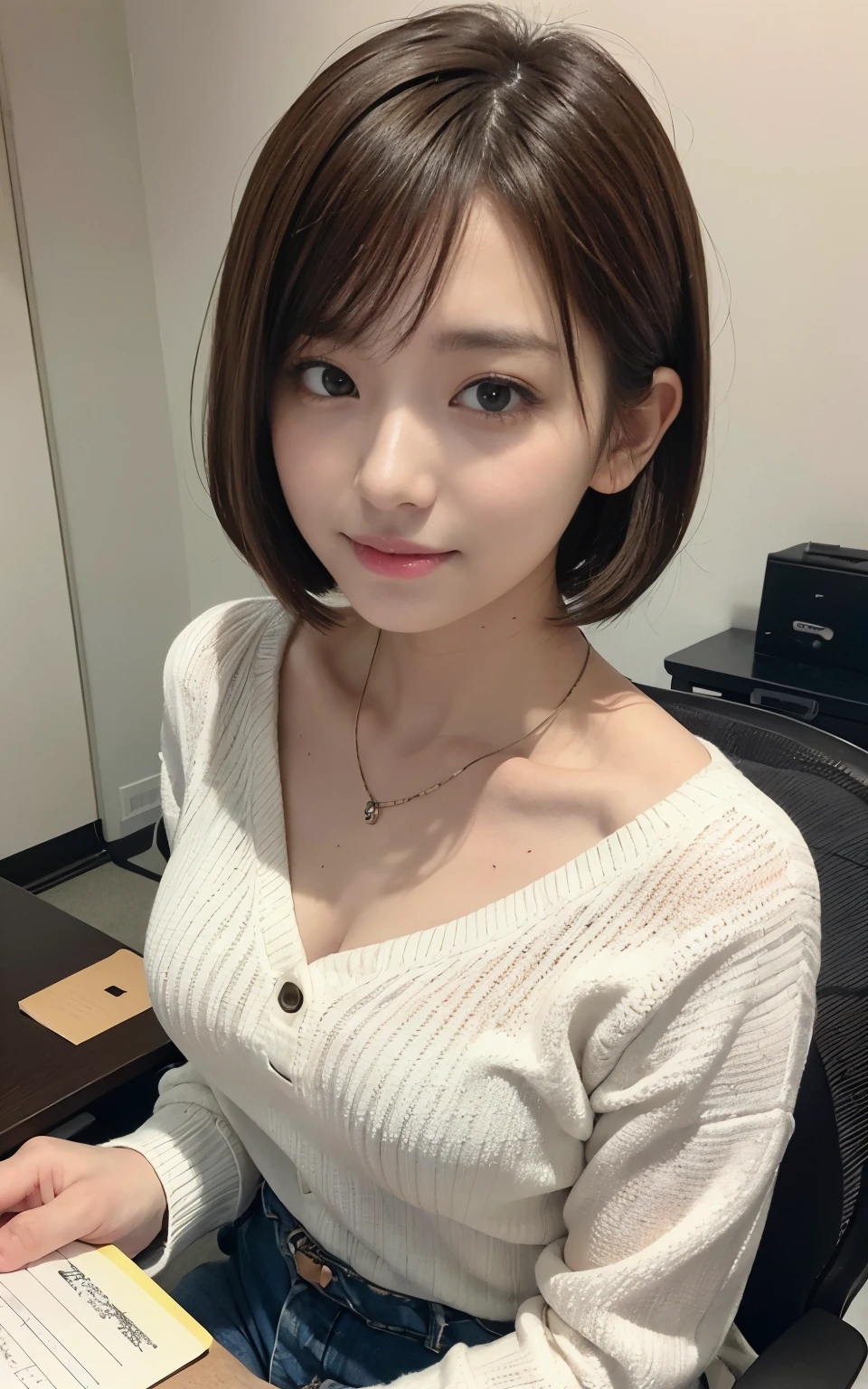 Cute 21 years old Japan、Japan Domestic flights、desk work、Studying、Super Detail Face、Eye of Detail、二重まぶた、beautiful thin nose、foco nítido:1.2、prety woman:1.4、(light brown hair,short cut hair, White skin、Colorful sweater、top-quality、​masterpiece、超A high resolution、(Photorealsitic:1.4)、C cup breasts、