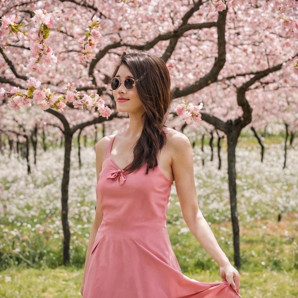 There is a beautiful Chinese woman standing in a cherry blossom field with a sun hat and wearing a pink halter dress, longos cabelos castanhos ondulados, wearing sunglasses, alto e magro, Beautiful, sorriso sutil, Standing in the cherry blossom field, standing in a flower field, Woman standing in cherry tree field, girl standing in a flower field, standing in a field with flowers, menina em um campo de flores, com Campos de flores em primeiro plano, em um campo de flores, Campos de flores, girl standing in flower field