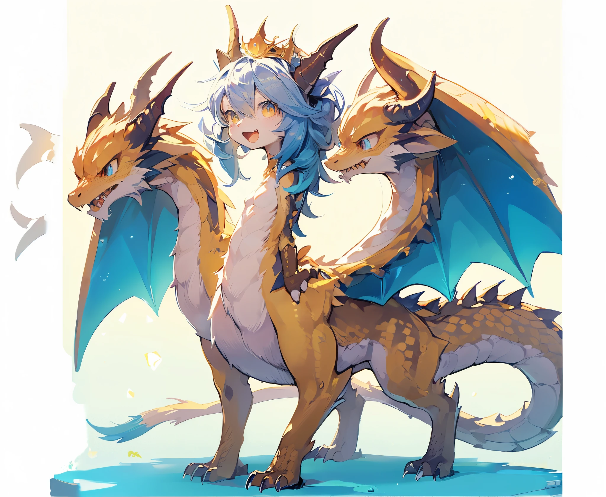 Keizer Ghidorah. female dragon. mesukemo. Dull golden color. Blue as secondary color. three heads. Walking on four legs. dress. crown. anime style.