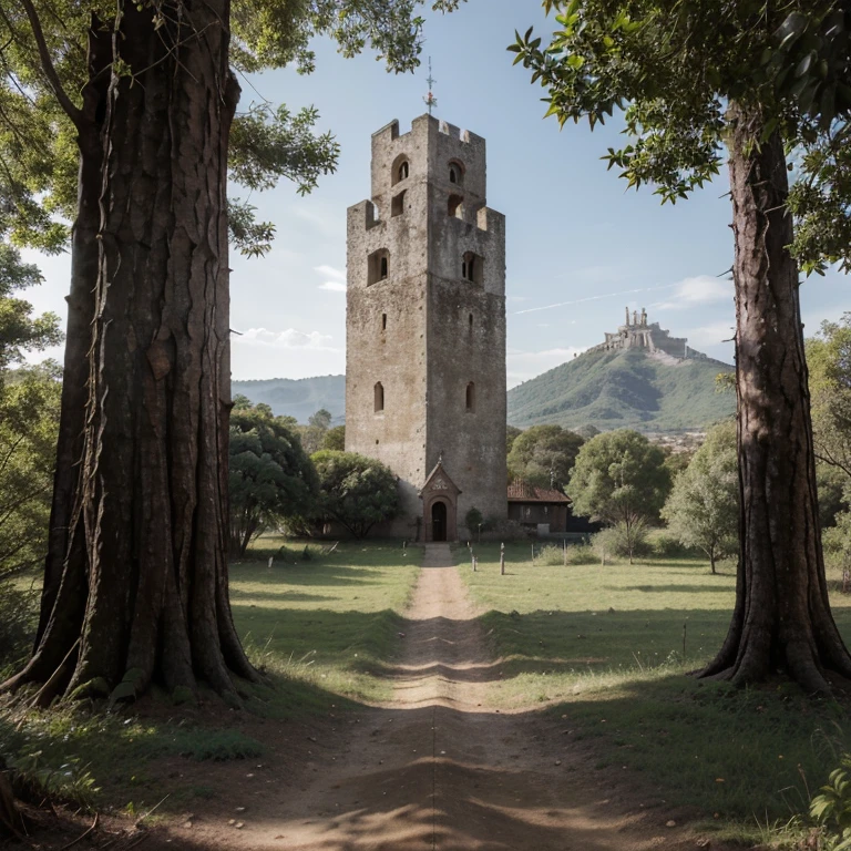 Creates a hyper-realistic image of a realistic wooden defensive and war tower that minimalistically imitates the silhouette of a rosebud that is protected by thorns and metal leaves. Los colores predominantes son madera, rosa y plateado. Desde la base de la torre, espinas plateadas cubren las paredes casi hasta la parte superior, que tiene forma de capullo y una plataforma donde se encuentra un arquero. The tower is located in a temperate forest and is taller than the trees. In the distance you can see mountains.