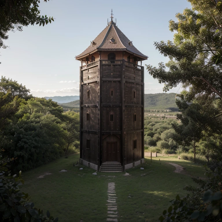 Creates a hyper-realistic image of a realistic wooden defensive and war tower that minimalistically imitates the silhouette of a rosebud that is protected by thorns and metal leaves. Los colores predominantes son madera, rosa y plateado. Desde la base de la torre, espinas plateadas cubren las paredes casi hasta la parte superior, que tiene forma de capullo y una plataforma donde se encuentra un arquero. The tower is located in a temperate forest and is taller than the trees. In the distance you can see mountains.