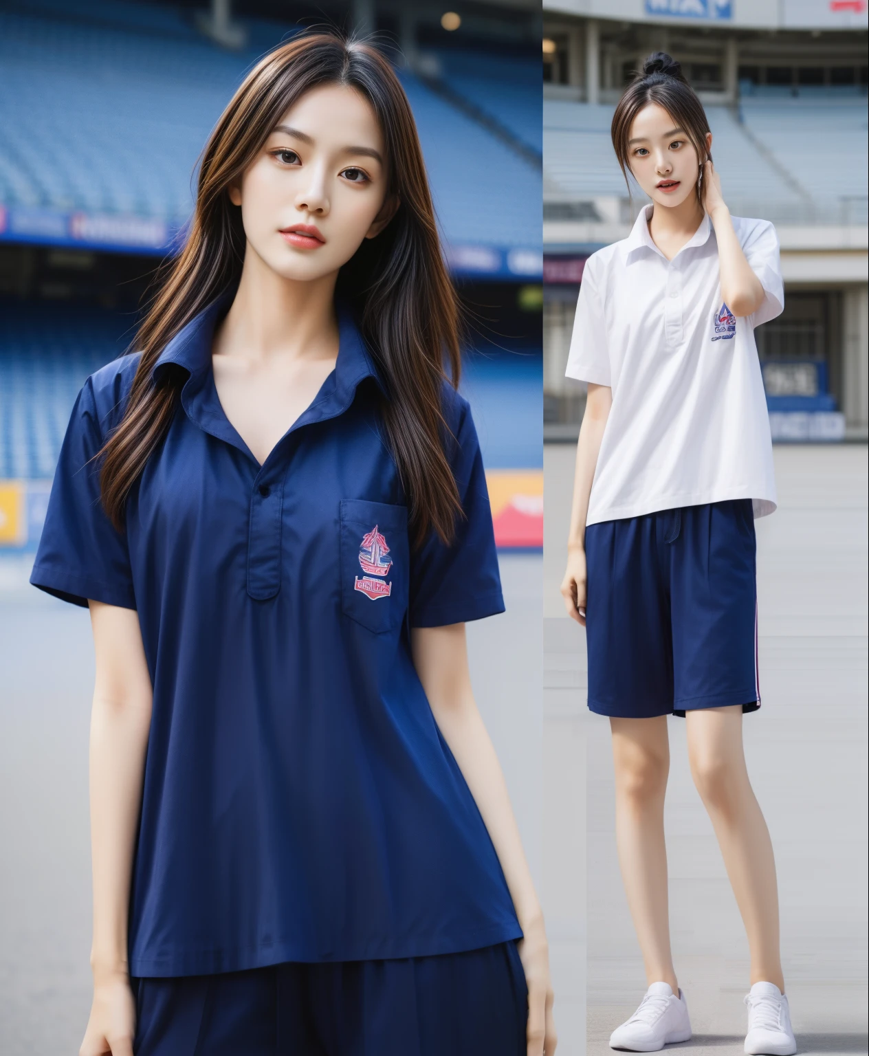 (bestquality,10,10,highres,masterpiece:1.2),ultra-detail,(Realistic,photorealistic portrait,photo-realistic:1.37),1 Cute girl in the football field,oily shiny skin,bara,light smile,BDclothelue shirt:1.3)),short sleeves,shirt, trousers.,(navy_long_Pants Track:1.1), ((Stadium Background:1.3)),dynamic angle,excited,face focus,Dynamic Poses,from behide,Ass Focus,masterpiece, bestquality, ultra realistic, hyper-detail, 8k resolution, RAW photo, crisp focus, ((Navy blue shirt:1.1)), short sleeves, Long Path, Perfect body, 2 mature women, 18yo, cinematic light,Blue sweatpants,Gymware,Correct anatomy,Complete body, Correct body, sharp face, Anatomically correct body, full entire body, Realistic gestures, long-haired, Realistic poses,Wear long shorts...............................,Long leg span,Shapely,Sculpting Girl, Slender Figure, mannequin mannequins, Shapely, Beautiful body,Blue sweatpants, Two girls kissing