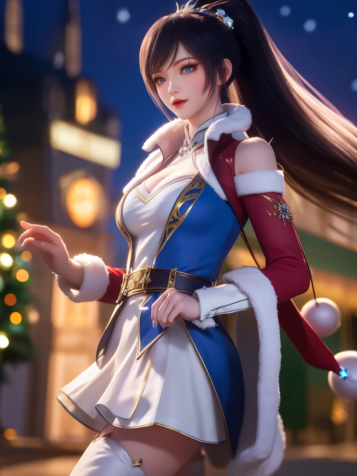 1girl, long hair, dress,hair ornament, cityscape, night, thighhighs, high collar,white skirt,ponytail,,blue eye,ponytail, mrs clause,Christmas,