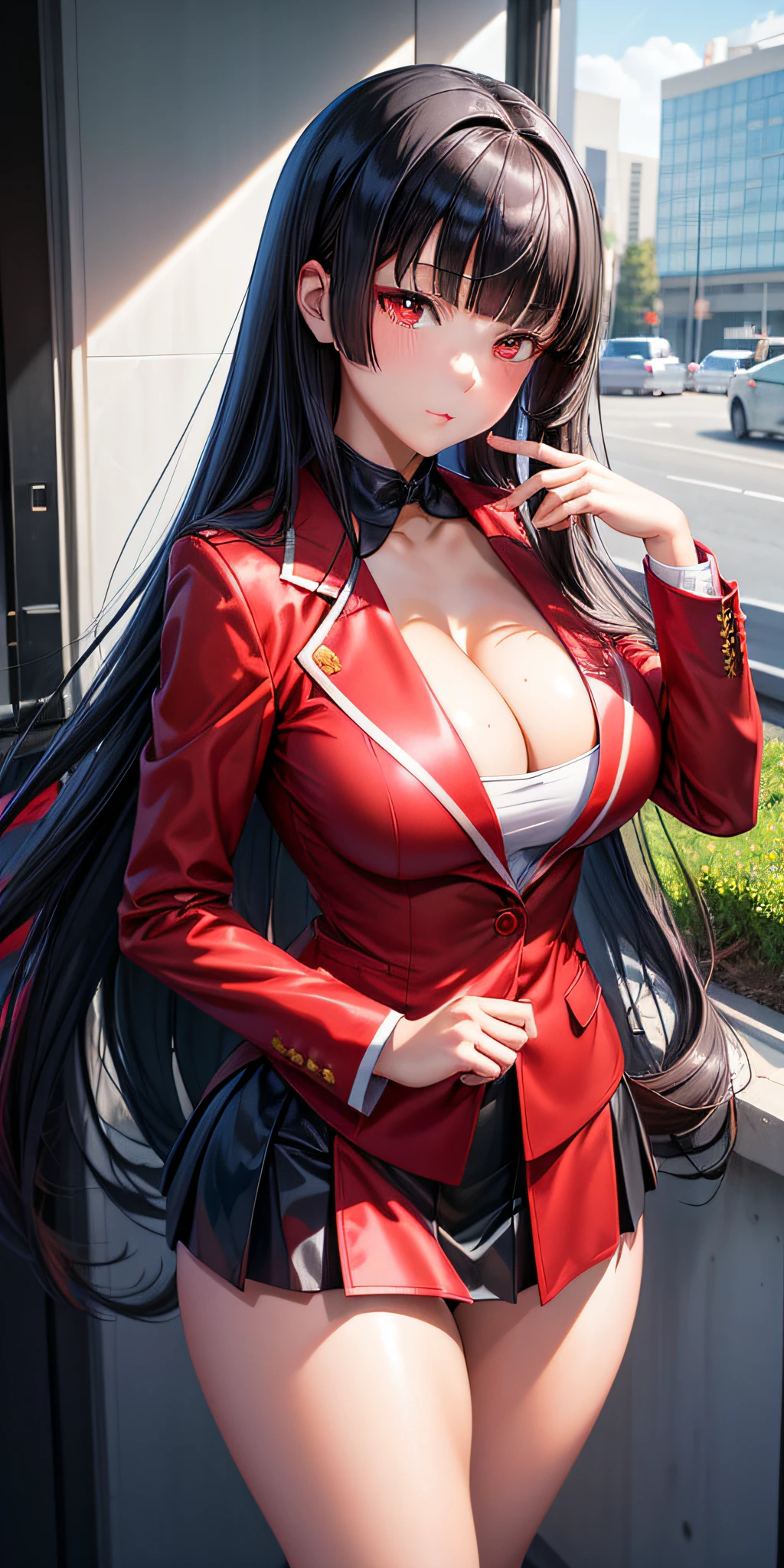 ((Best Quality)), ((masutepiece)), (Detailed), Perfect face a beauty girl cleavage of the breast red eyes long, thick black hair Blunt bangs High school students Red Blazer Black miniskirt