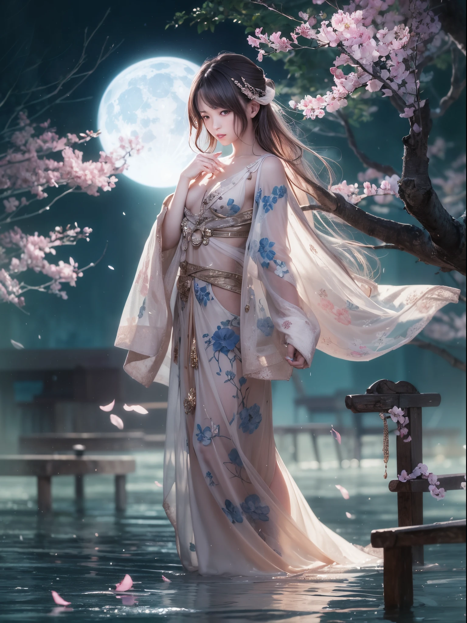 baggy clothes、Shoulders exposed、Navel ejection、How to wear a dress if the dark suspender tie broken、Decorated with intricate patterns and pastel colors、Transparent material,Leave skin glowing、Artistic depiction of woman wearing wet muslin and transparent skin robe, Floral and dreamy patterns with flowing silky traditional transparent skin。Her dress hugged her curves elegantly、Emphasize her captivating silhouette。She the gentle night of fireworks、dynamicposes、lacivious pose、Bask in soft moonlight。The scene 、With a touch of mystery and sensibility、Exudes an ethereal and dreamy atmosphere。Image style 、It blends watercolor and digital illustration techniques.、Let you feel the exquisite beauty and charm。Soft moonlight lighting、Casts soft highlights and shadows on her stunning features。dynamicposeold Pose、hand somewhere、see through、show through、One、Wet hair、Wet with、Petals under cherry blossom tree、SakuraNS、the cherry trees、Sakura blizzard、burial、Clear skin、wetclothes、pull、Translucent clothes、Eau、barechested、garter mesh、the huge moon