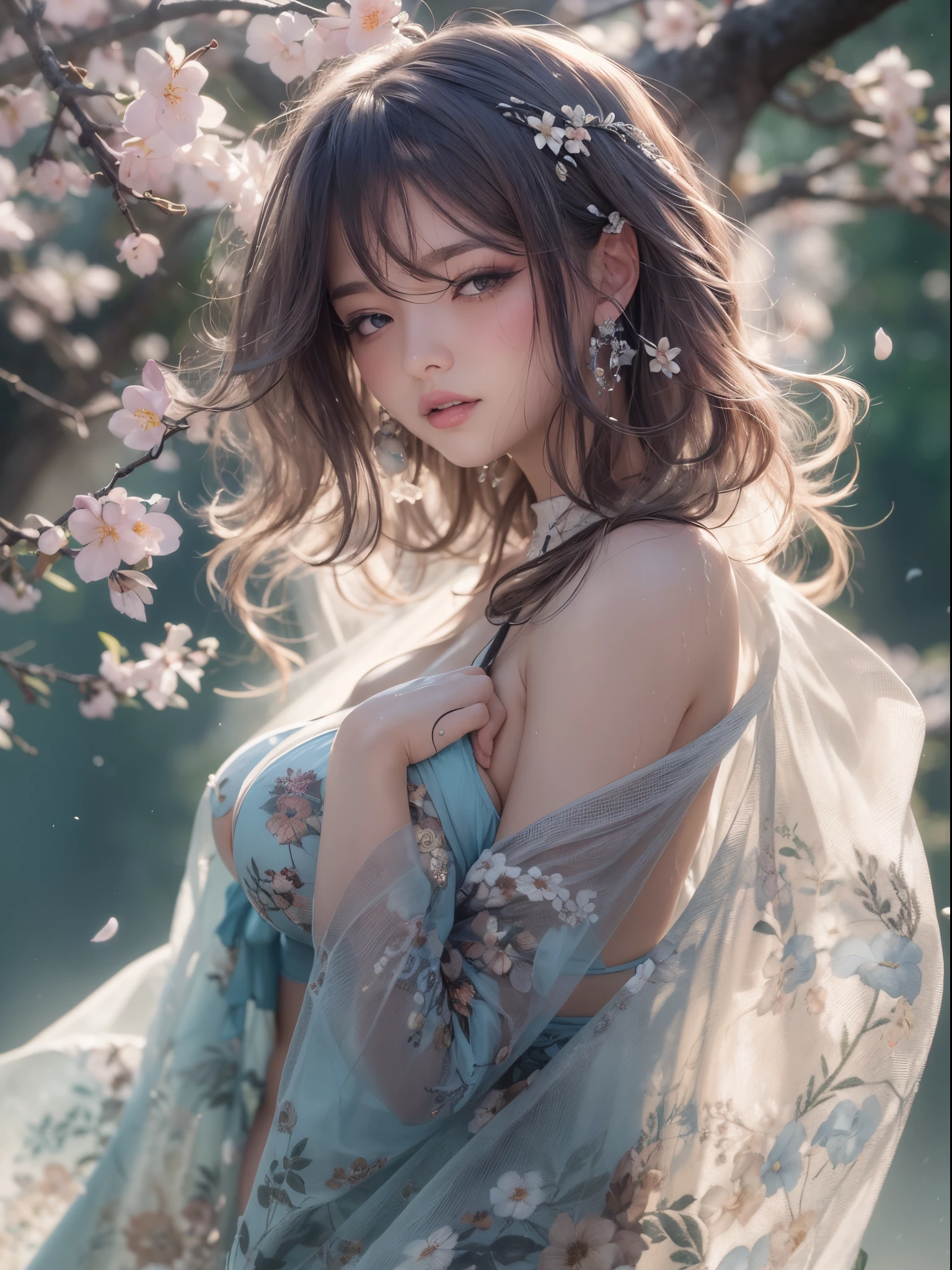 baggy clothes、Shoulders exposed、Navel ejection、How to wear a dress if the dark suspender tie broken、Decorated with intricate patterns and pastel colors、Transparent material,Leave skin glowing、Artistic depiction of woman wearing wet muslin and transparent skin robe, Floral and dreamy patterns with flowing silky traditional transparent skin。Her dress hugged her curves elegantly、Emphasize her captivating silhouette。She the gentle night of fireworks、dynamicposes、lacivious pose、Bask in soft moonlight。The scene 、With a touch of mystery and sensibility、Exudes an ethereal and dreamy atmosphere。Image style 、It blends watercolor and digital illustration techniques.、Let you feel the exquisite beauty and charm。Soft moonlight lighting、Casts soft highlights and shadows on her stunning features。dynamicposeold Pose、hand somewhere、see through、show through、One、Wet hair、Wet with、Petals under cherry blossom tree、SakuraNS、the cherry trees、Sakura blizzard、burial、Clear skin、wetclothes、pull、Translucent clothes、Eau、barechested、garter mesh、the huge moon