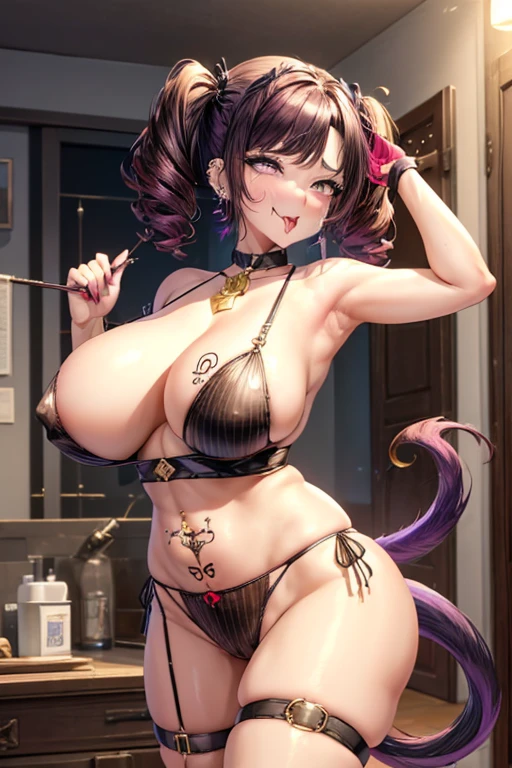 (SM background:1.5),M female:1.5,masochist,Turn your head to the buttocks,an lingerie,((masutepiece:1.6)),Pink lips,split-colored hair:1.5, ((Red and black hair:1.5)), (shorth hair:1.4),((Umbilical piercing:1.5))Alone,1girl in,a :1.3,(short stature:1.2),Gamine:1.2,mesugaki:1.5,Saliva,tail,(shorttwintail:1.6),tongue-out,((涎:1.3)),saliva:1.3,(black twin-tails),(Heart-shaped pupil),(Purple eyes:1.5),(short-hair:1.3),(short twintails),see -through,knee sox,(Horizontal stripes:1.2),(Red and black),(garterbelts:1.5),SM background:1.4,((dim room:1.5)),plump body,Whip whip, Large breasts,(Lower breast:1.4),the contours of the nipples are clear,,protruding nipples,plump body,Whip whip:1.4, Large breasts, cleavage, gigantic cleavage breasts,(wide hips),((Underwear separately above and below;1.3)),((Transparent Lingerie 1.4)),Milk fat buttocks，(tmasterpiece:1.4),((huge-breasted, sexy for))，((Huge breasts)),cleavage:1.3,gigantic cleavage breasts,(long tongue:1.6),(split tongue:1.5),Tongue piercing:1.6 earrings,Bedroom background,(SM background 1.5),bewitching background,Training room,(bet),Meticulous anime two-dimensional style glitter eyeliner: 1.5,breast enhancement_Bondage,Crotchless panties,ahe face,(anthill formica),Pee,(incontinence),Omorashi,Yariman,bich,Metamorphosis,The tattoo
