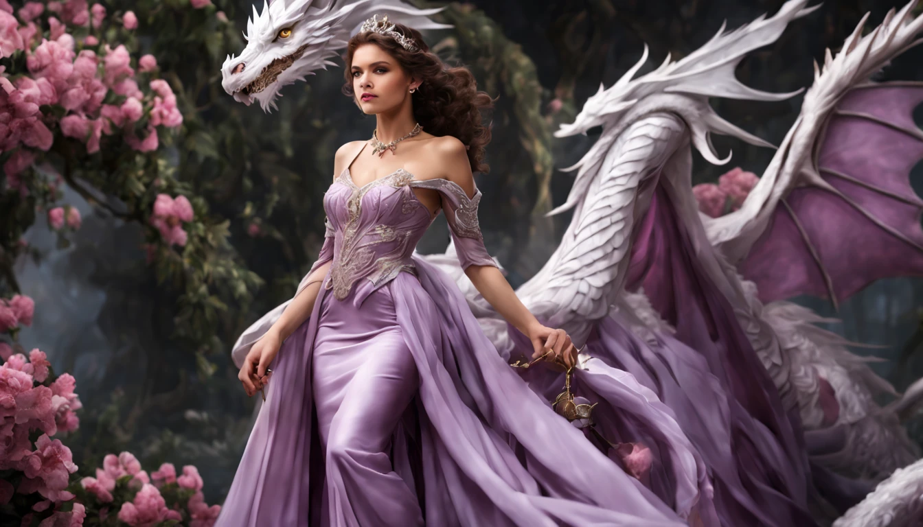 Queen of the White Dragon, mulher madura jovem, "Zendaya", Orelhas longas de elfos, elegant lilac Ruby dress, mama grande, Curvy, dragon ling vawy hair, Cabelos Super Longos, soft facial features, White dragon horns on his head, Mulher majestosa, silver decoration on her ruby lilac dress, Rainha Estrela Prateada, Grandes olhos azuis, cherry lips, White dragons, starly sky